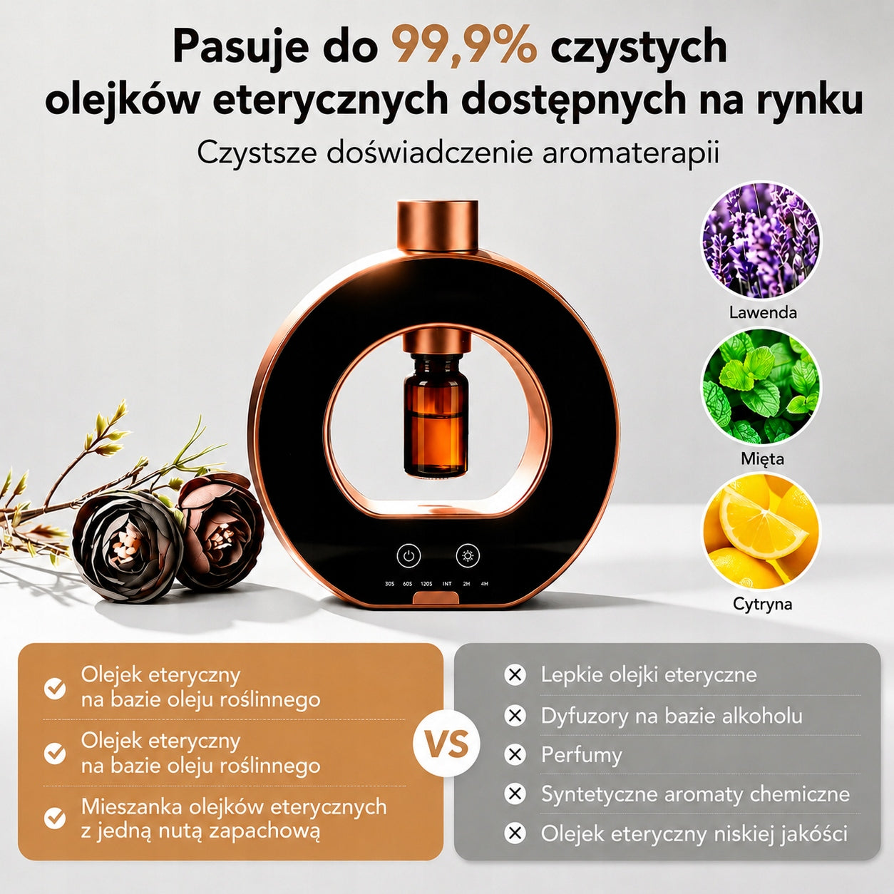 Anhydrous Essential Oil Diffuser with Battery and Timer Gold Model Dyfuzor do olejków