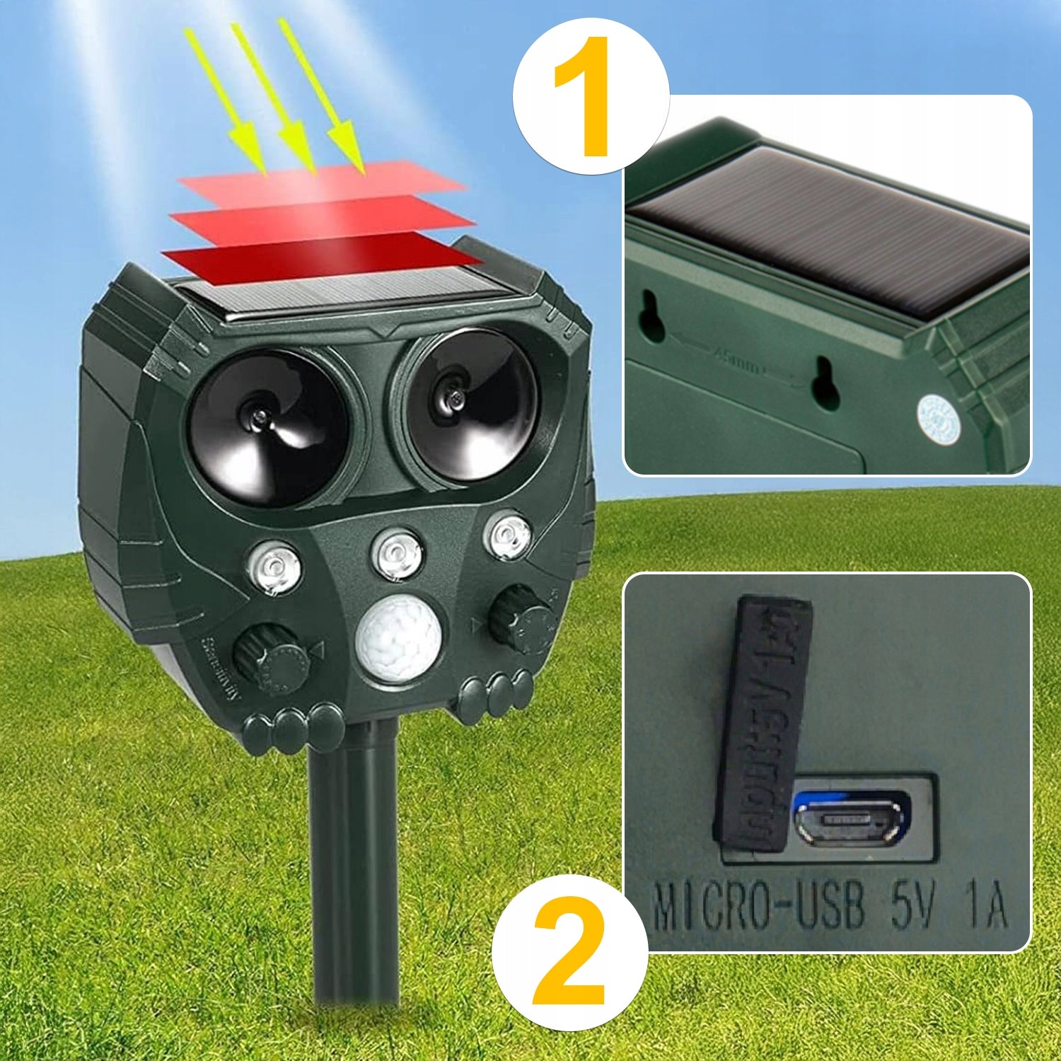 Animal Removal Cat Dogs Wild Kun Solar LED Motion Sensor Use Against rodents cats moles martens mice dogs birds rats wild animals other