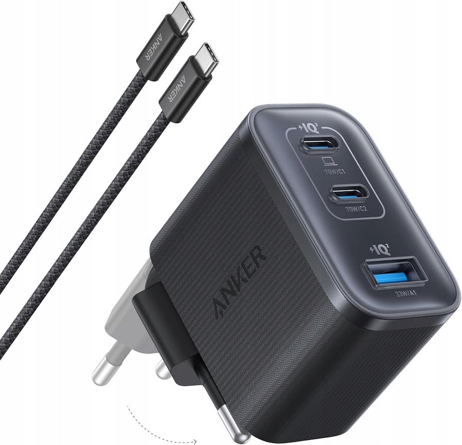 Anker Nano 70 W Wall Charger, 3 USB-C/A Ports, with Cable, Black