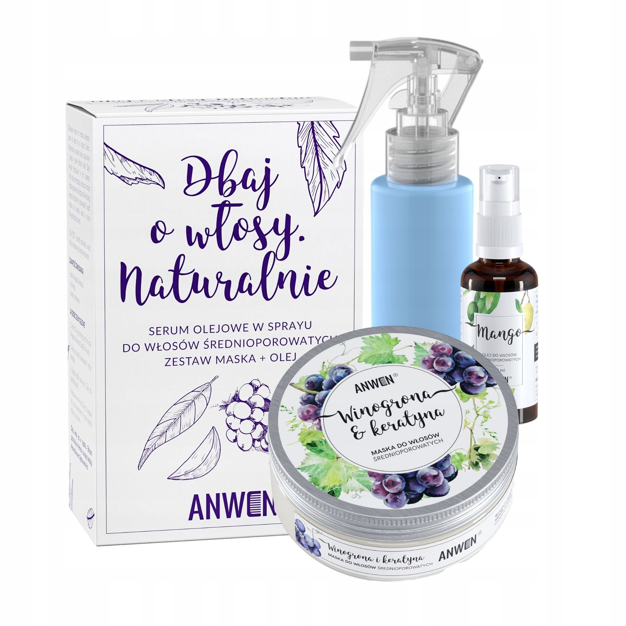 Set Anwen: Wingorona &amp; Keratin-Maske für Haare mit mittlerer Porosität, 200 ml + Mango-Sprühöl für Haare mit mittlerer Porosität, 50 ml 