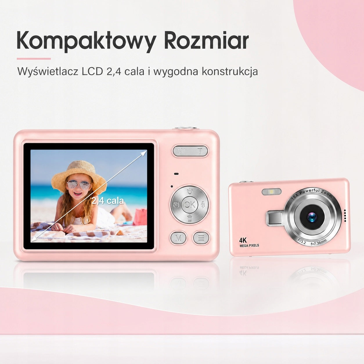 Aparat vlogowy 44MP Full HD 1080p, antyshake, przenośny, 32GB SD, różowy Packaging status original