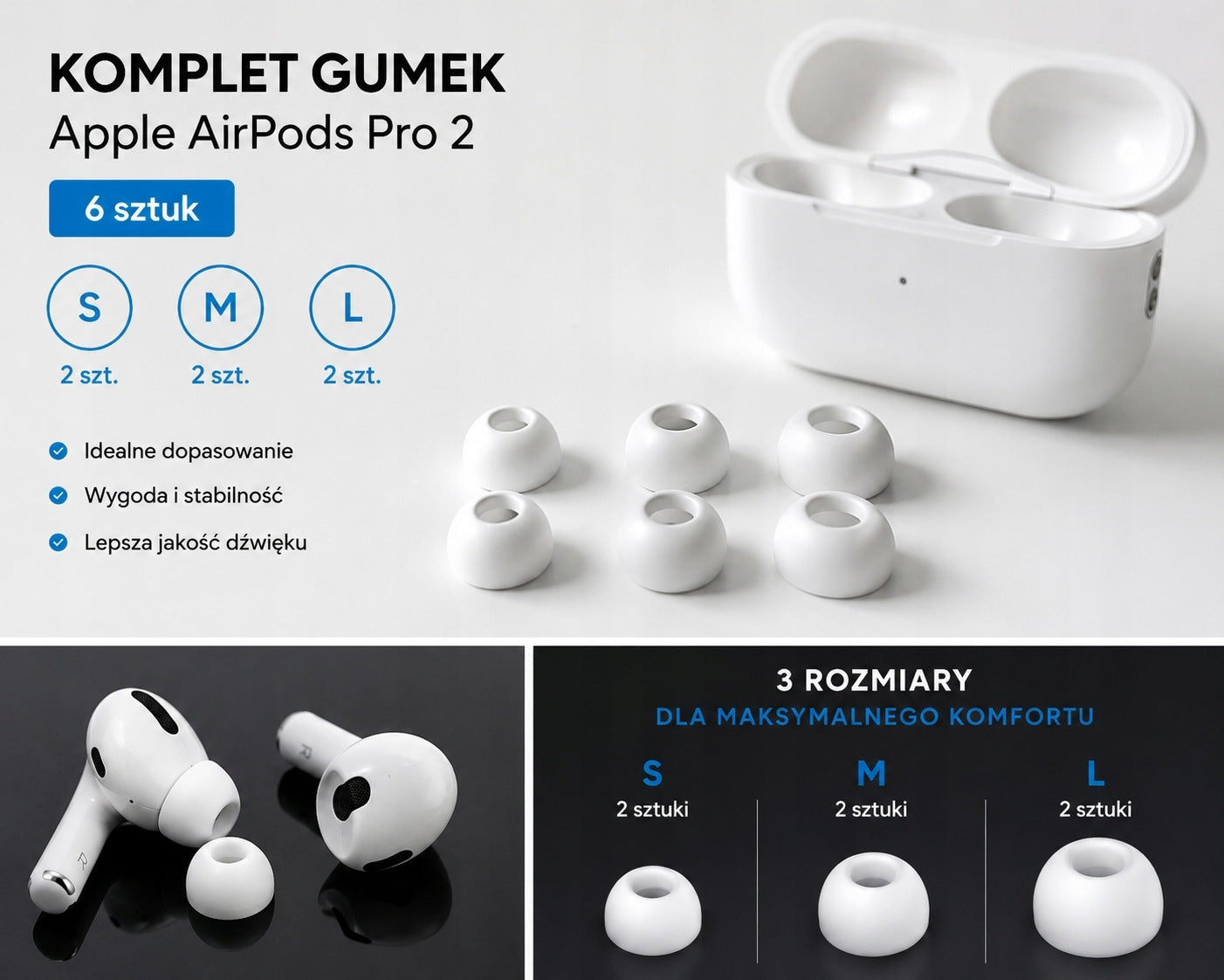 Apple AirPods Pro 2 Set Erasers 6 Pieces (S, M, L) Manufacturer code Oryginalne gumki nakladki na airpods pro 2