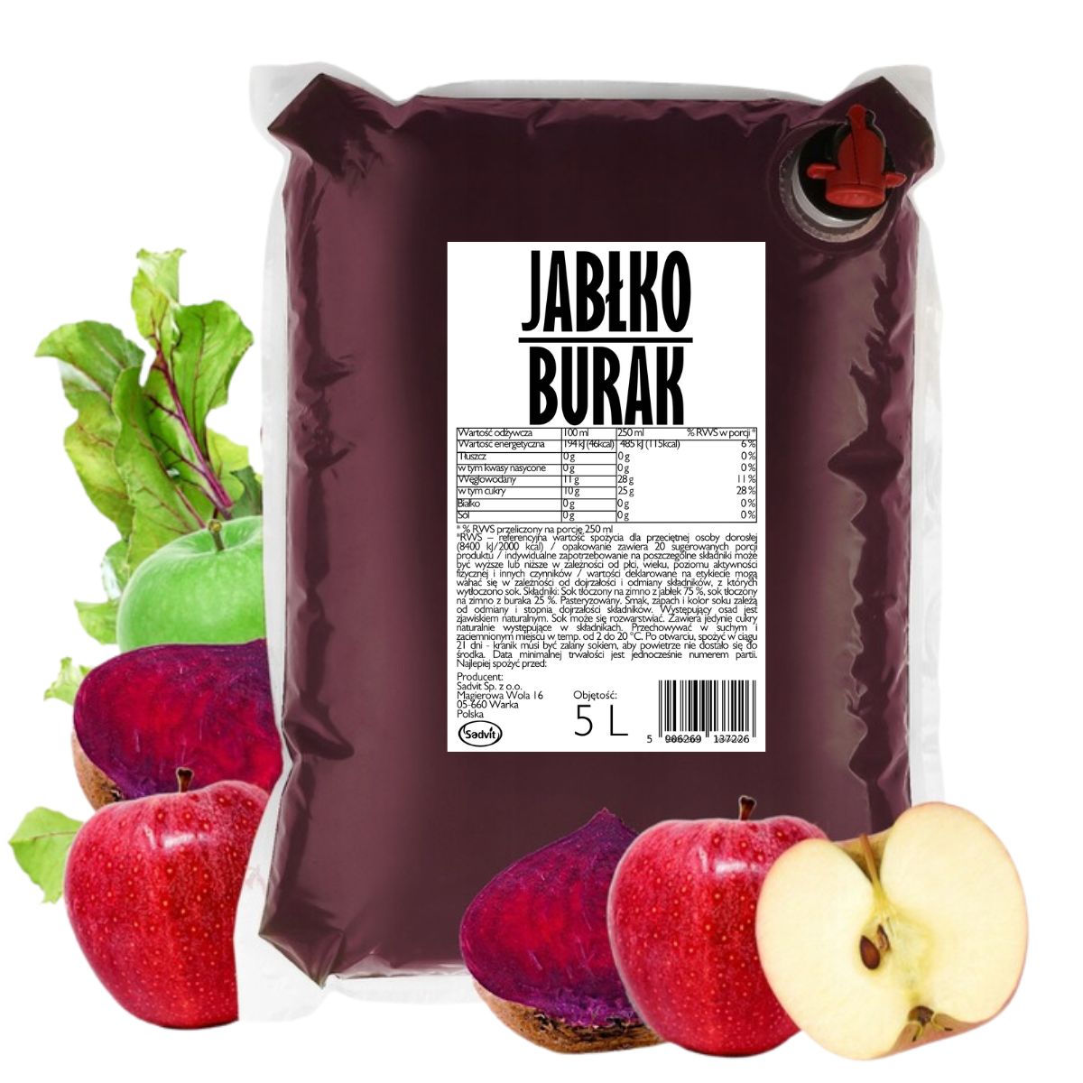 Apple beet juice WITHOUT SUGAR NFC natural cloudy 5L