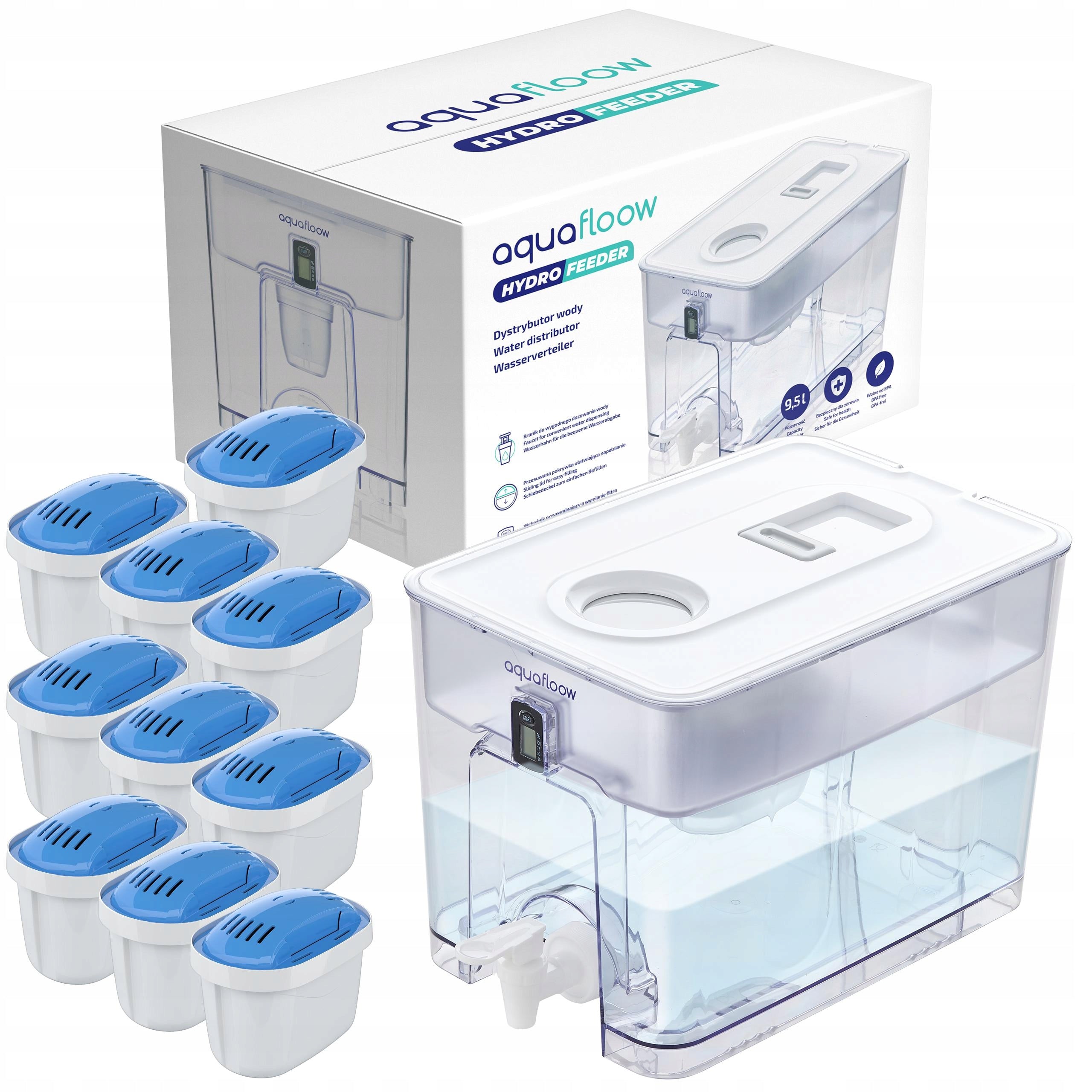 AquaFloow XL 9,5l: dispenser water dispenser with magnesium filter 10x