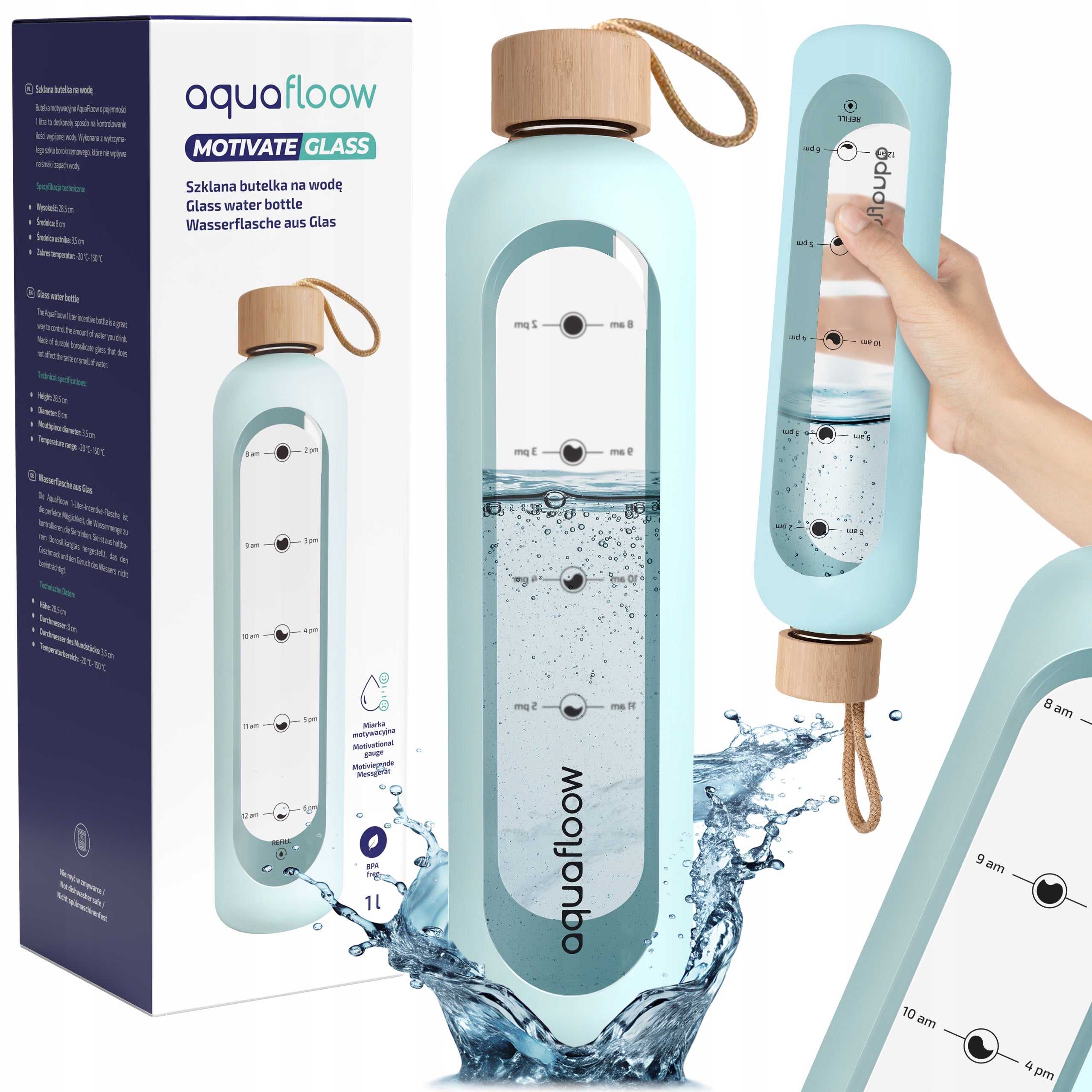 AquaFloow glass water bottle 1000ml airtight fitness gym