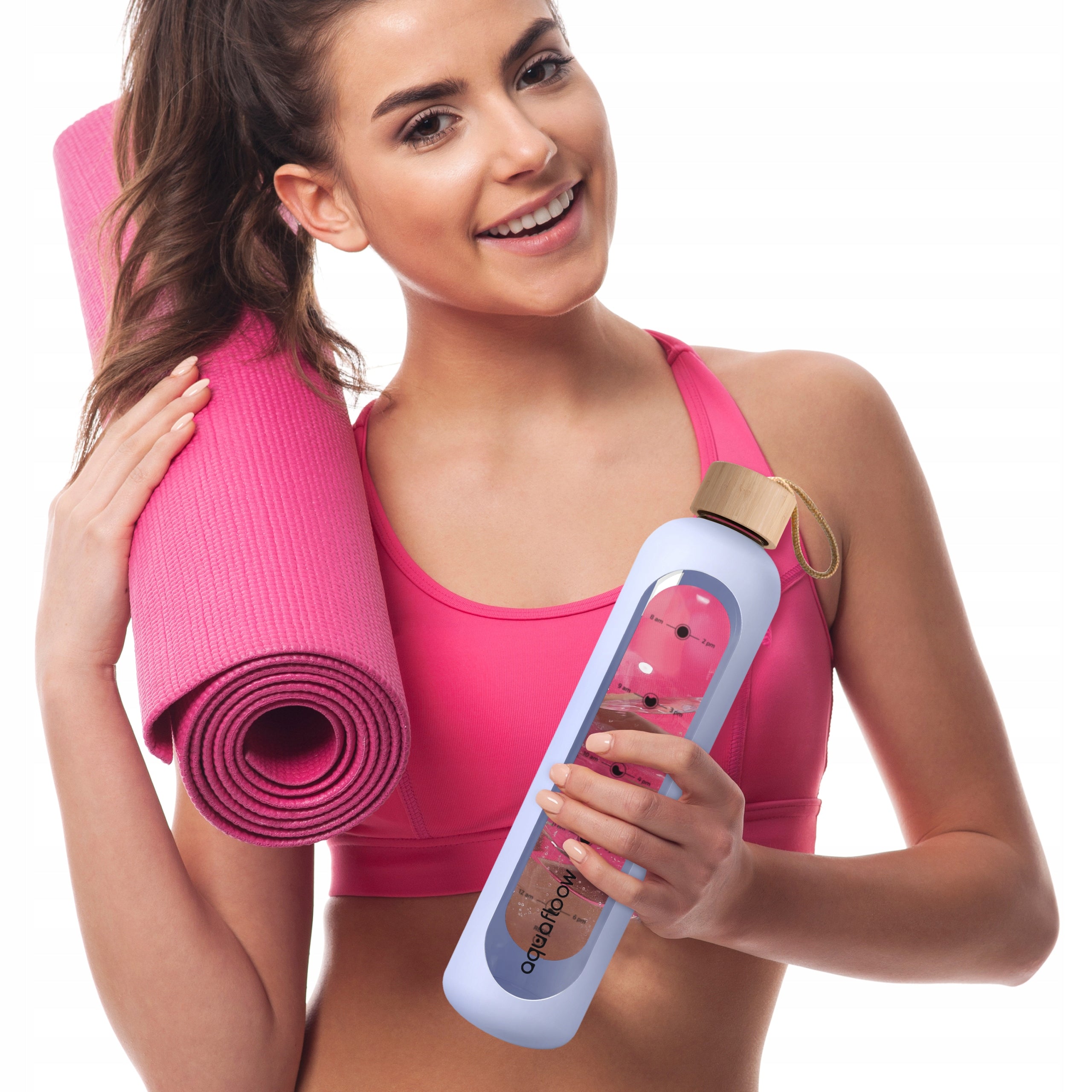 AquaFloow motivational glass bottle 1000ml with measuring cup for fitness tight Color purple