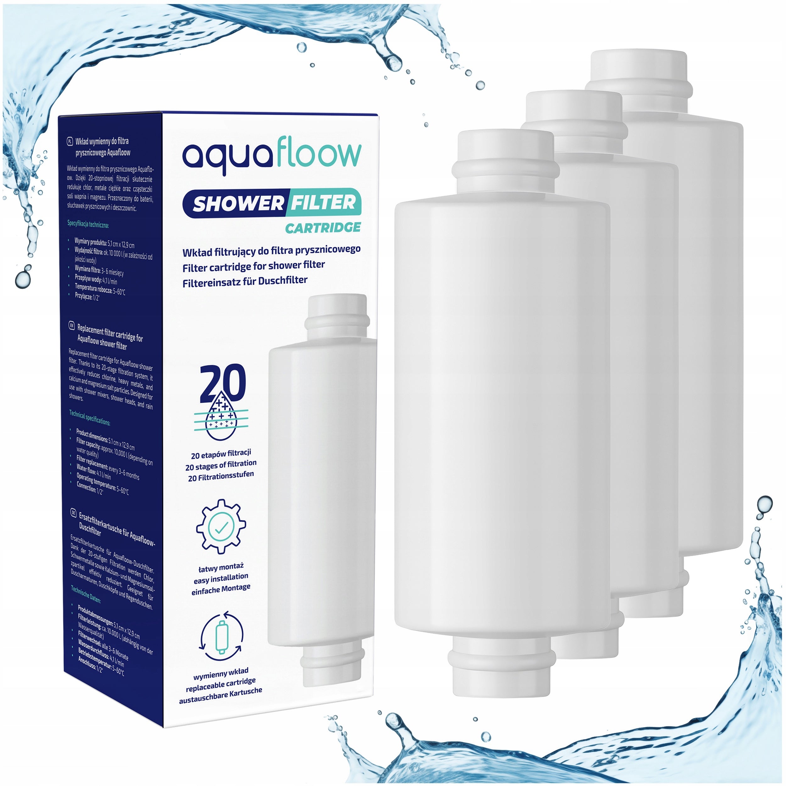 AquaFloow replacement cartridge for shower filter - stock of 3 pieces per year