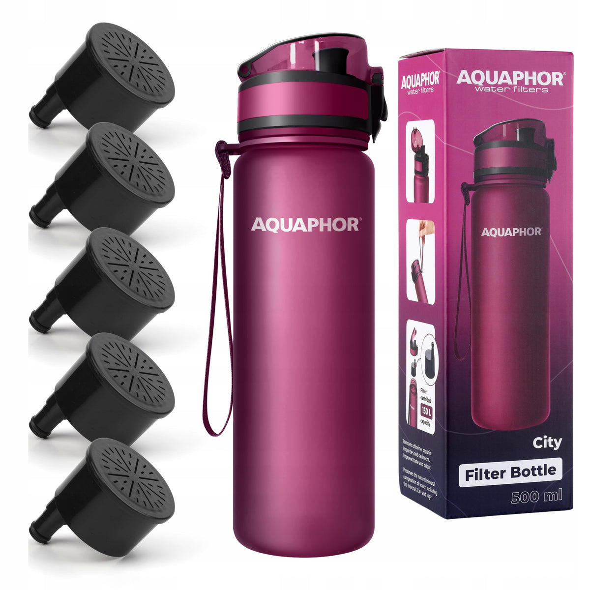 Aquaphor City Water Filter Bottle 0,5l Burgundy Set of 5 Filters