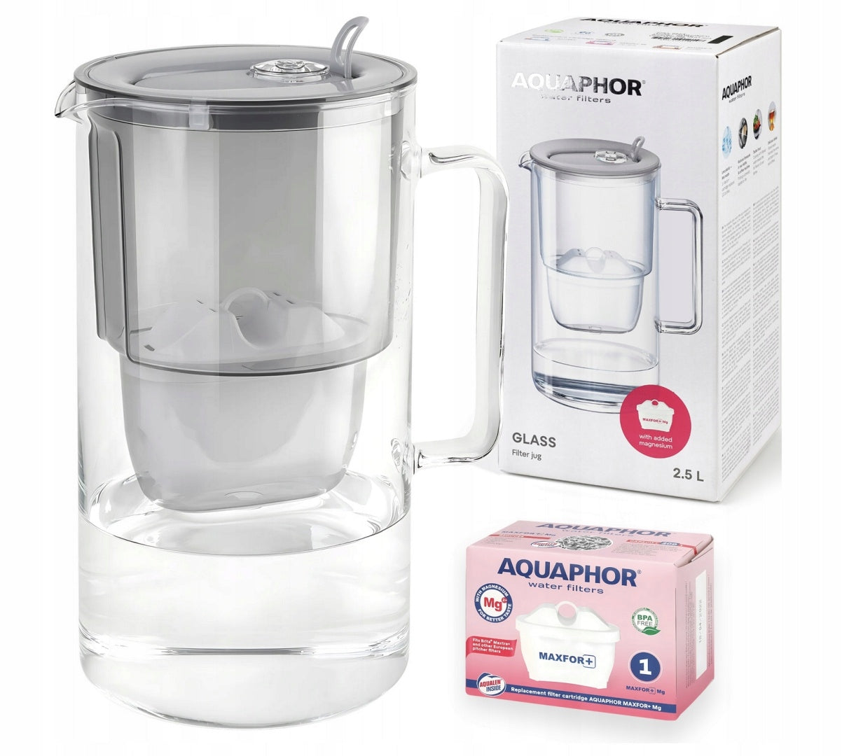 Aquaphor Glass 2,5l filter jug with Maxfor+ MG cartridge, grey