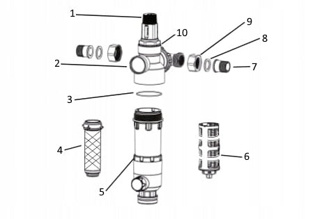 Aqwell 34 in-line filter with pressure reducer 3/4" 1" USTM pressure gauge Manufacturer code WF34 AQWELL