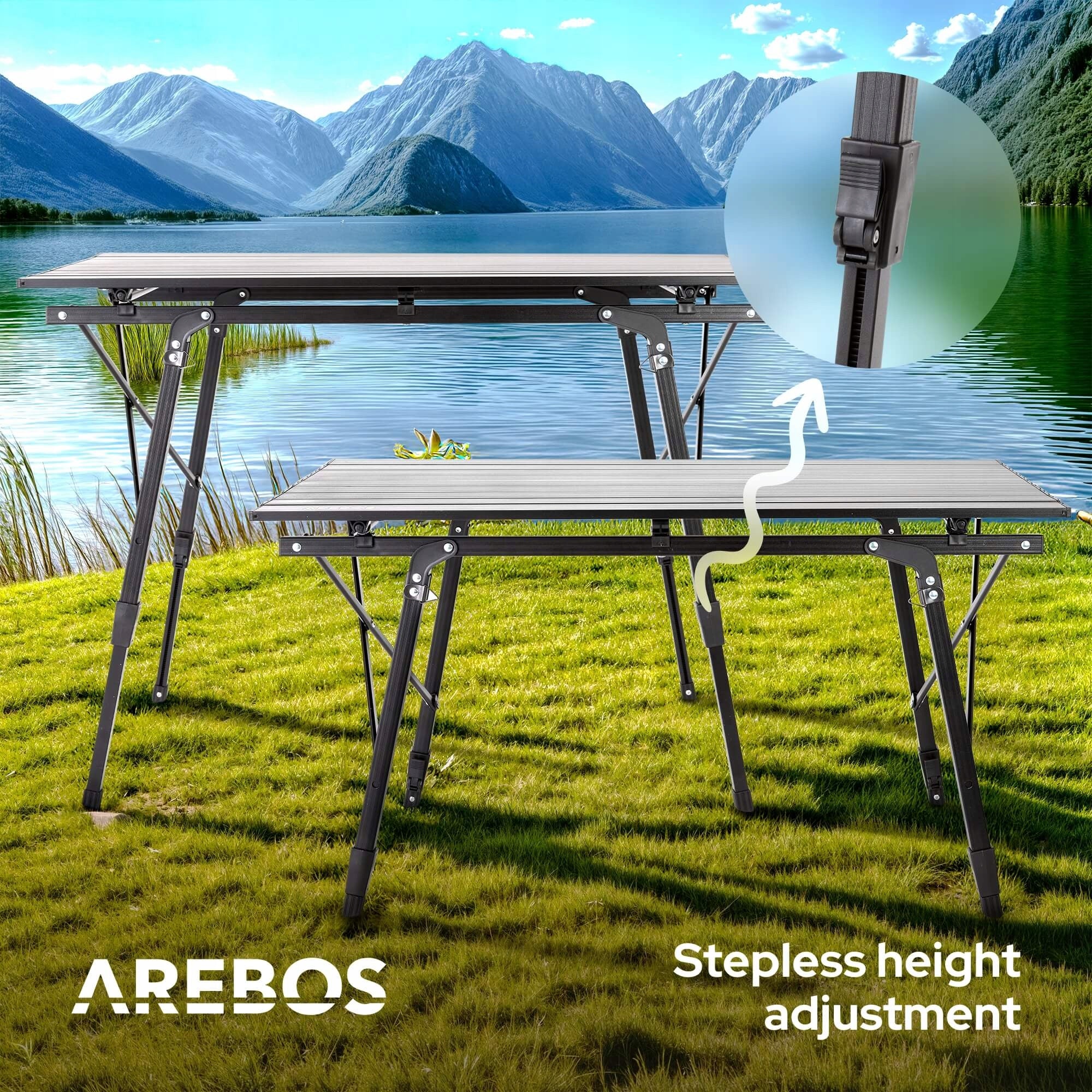 Arebos - Foldable Aluminum Camping Table | 120 x 70 cm | Black Diameter/width 140 cm