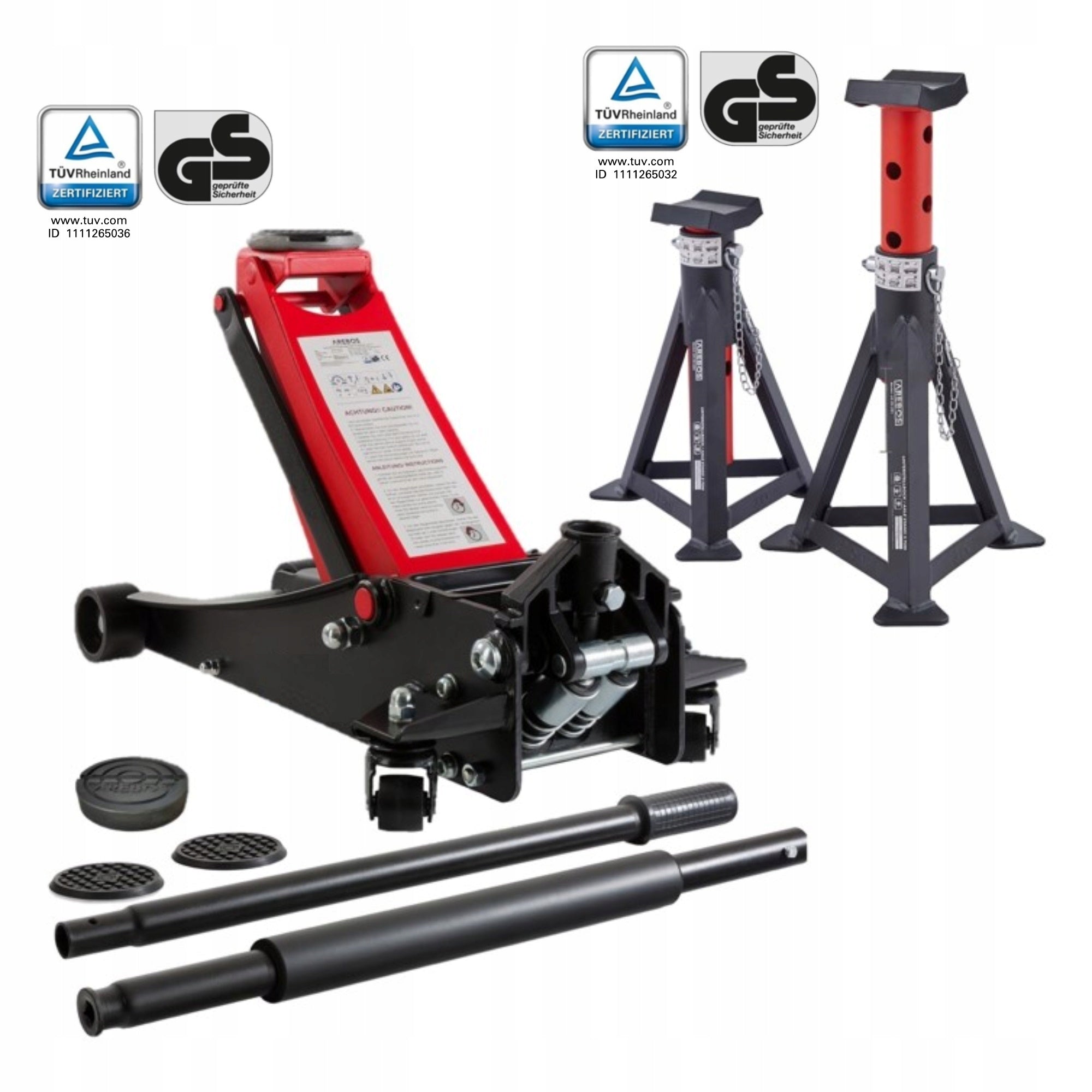Arebos - Hydraulic Trolley Jack 3T | +3T Axel Stand | Set of 2