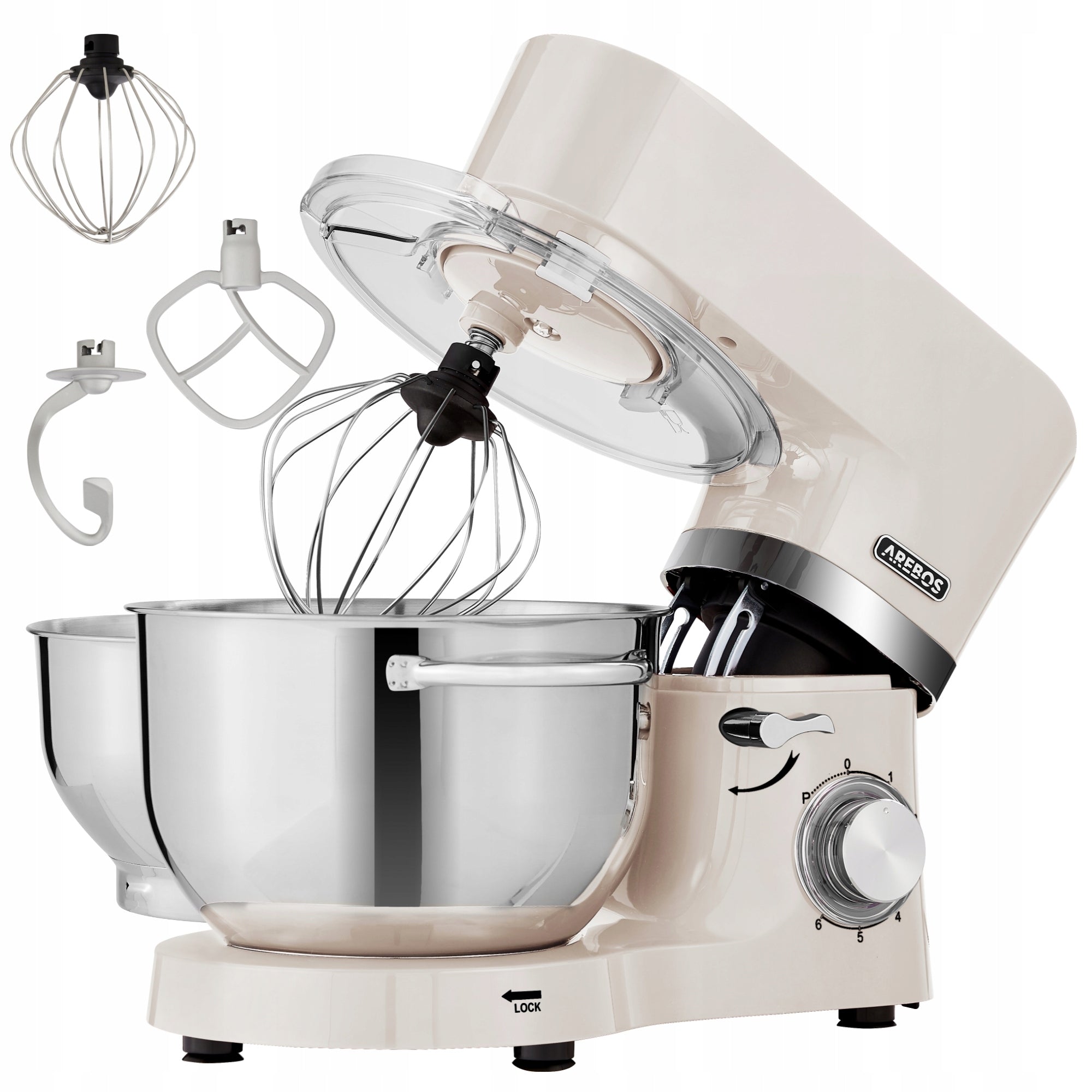 Arebos - Kitchen Machine | 2 Bowls 4.5L & 5.5L | 6 Speeds | 1500 W | Creme