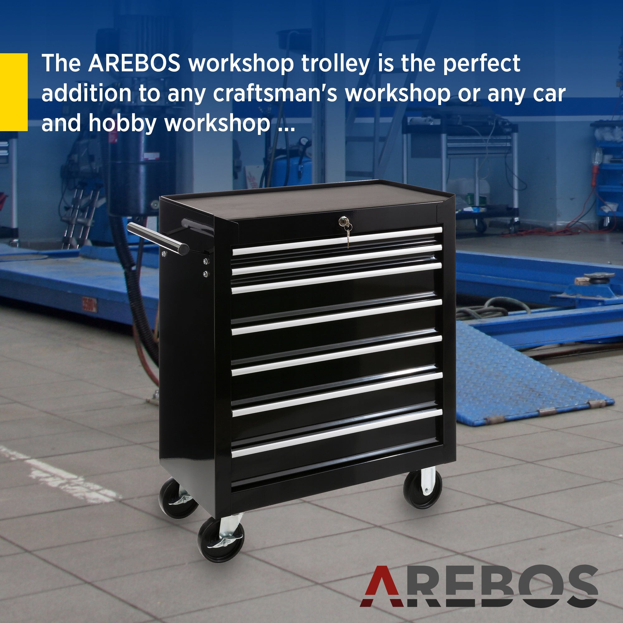 Arebos - Workshop Trolley | 7 Compartments | Lockable | Black EAN (GTIN) 4260551583322