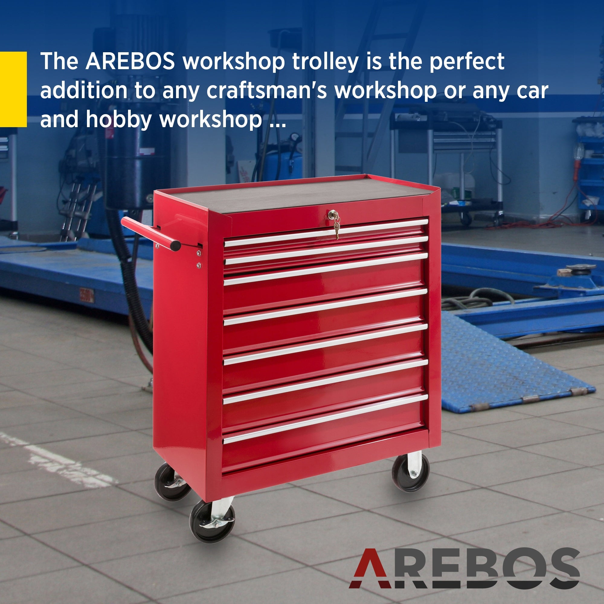 Arebos - Workshop Trolley | 7 Compartments | Lockable | Red EAN (GTIN) 4260199758199