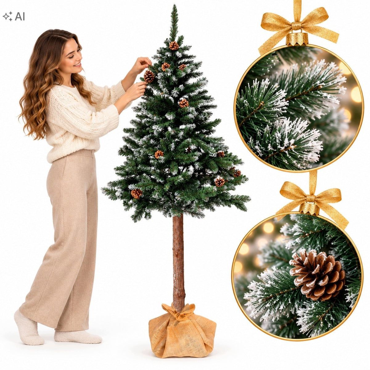 Artificial Christmas Tree On The Trunk 150cm Snowy With Pine Cones Trunk For Christmas