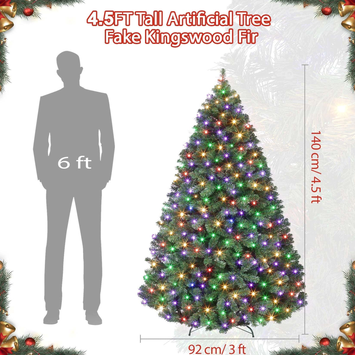 Artificial Christmas Tree with LED Lights, Metal Hinge Base, 140cm Brand no brand