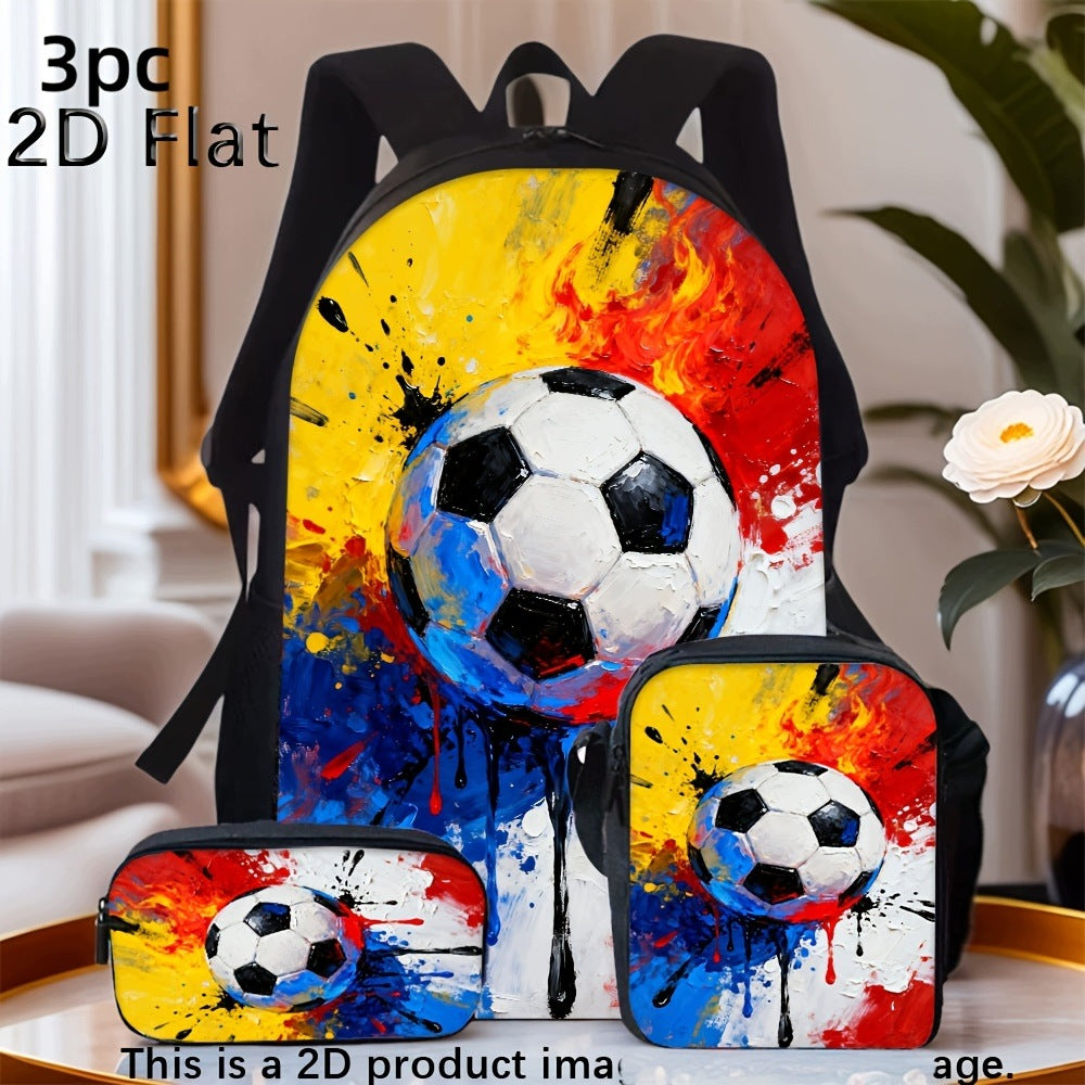 Artistic Oil Painting Soccer Print Backpack Set Crossbody Bag
