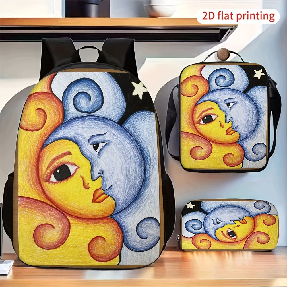 Artistic Sun Moon Abstract Pattern Bag Set - Stylish Printed Combination