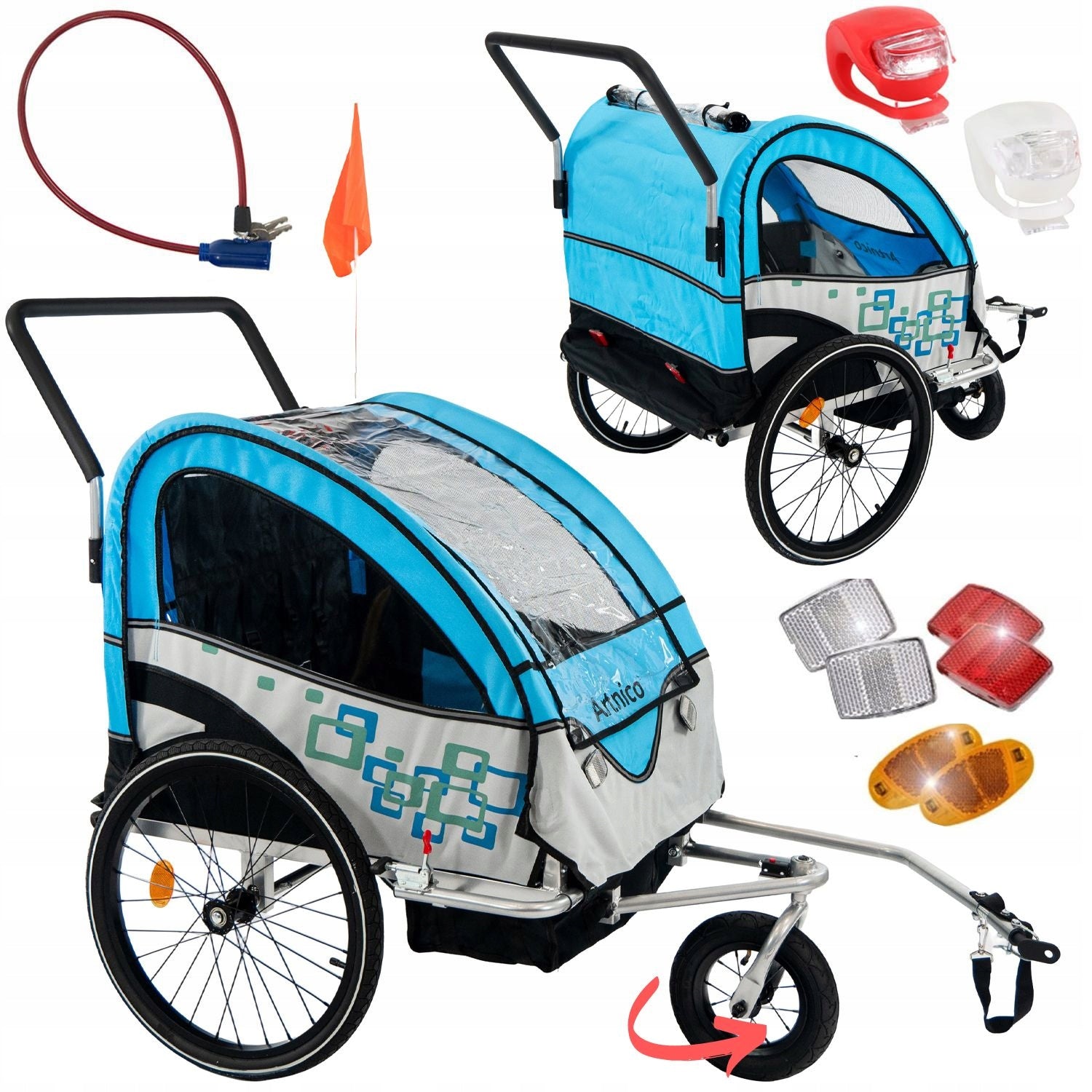 Artnico BLUE 3in1 foldable children's bicycle trailer, blue, 360° wheel