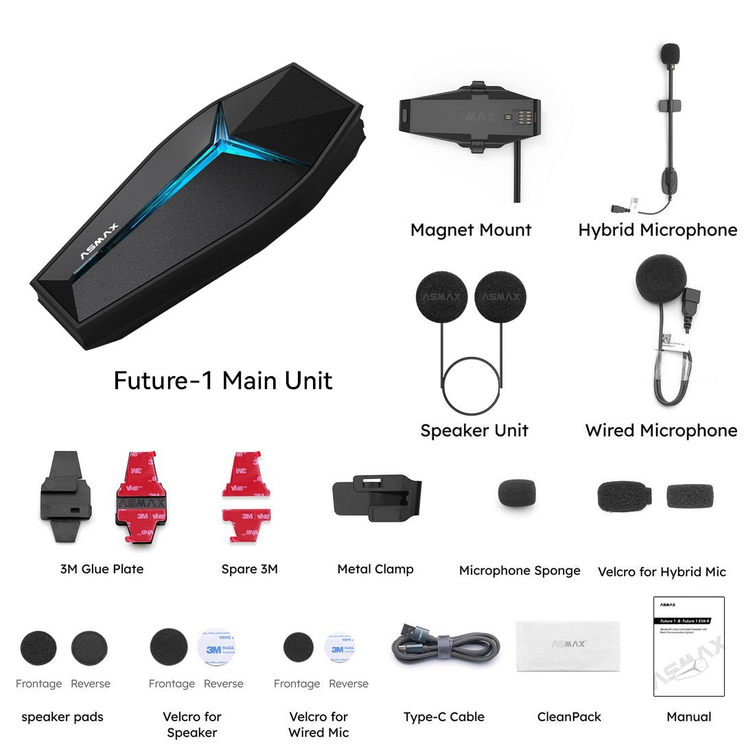 Asmax FUTURE-1 Mesh-10 Magnetic Interkom na motocykl Packaging status original