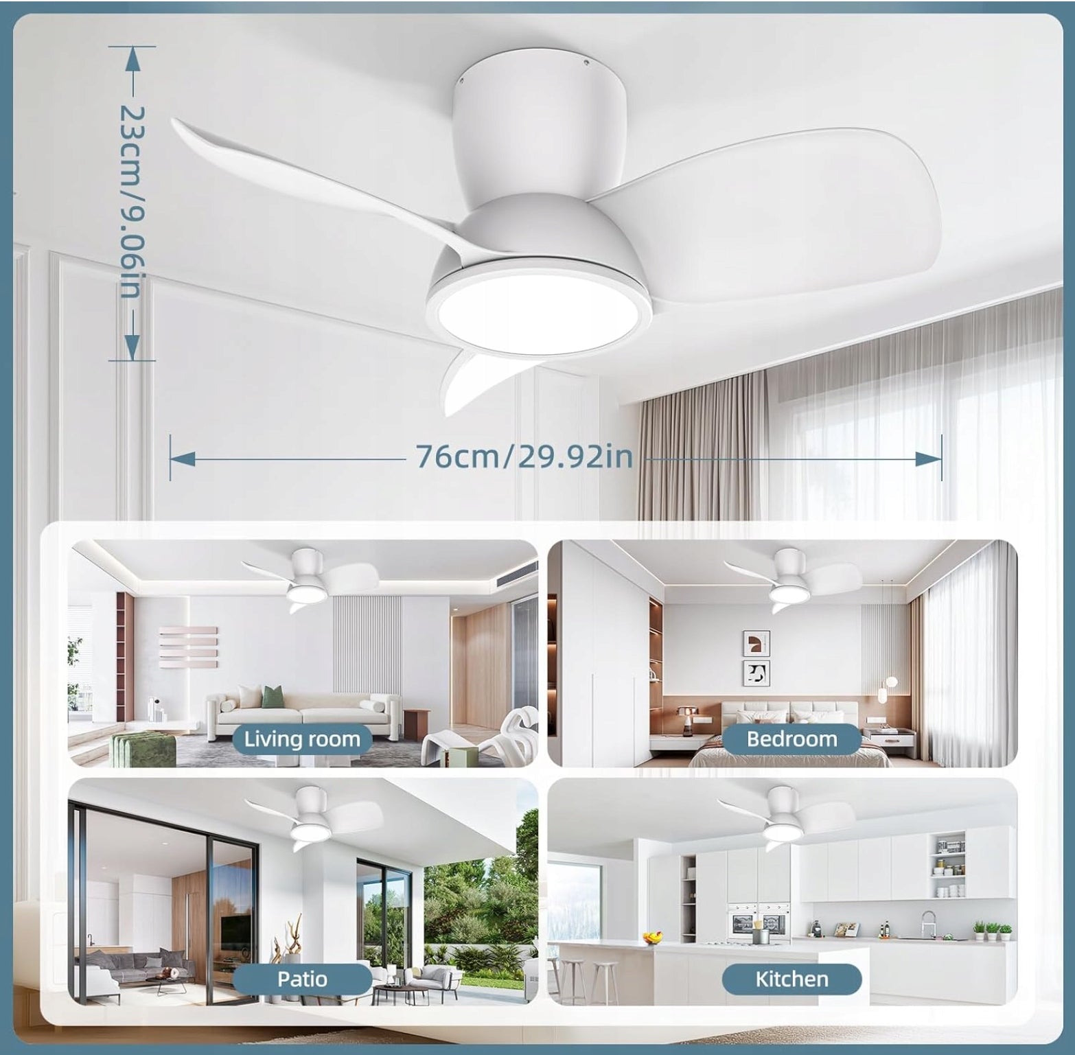 Ateroll Ceiling Fan LED Lamp 76cm 3 Shovels Quiet Fan + Remote Control Functions tilt angle adjustment timer