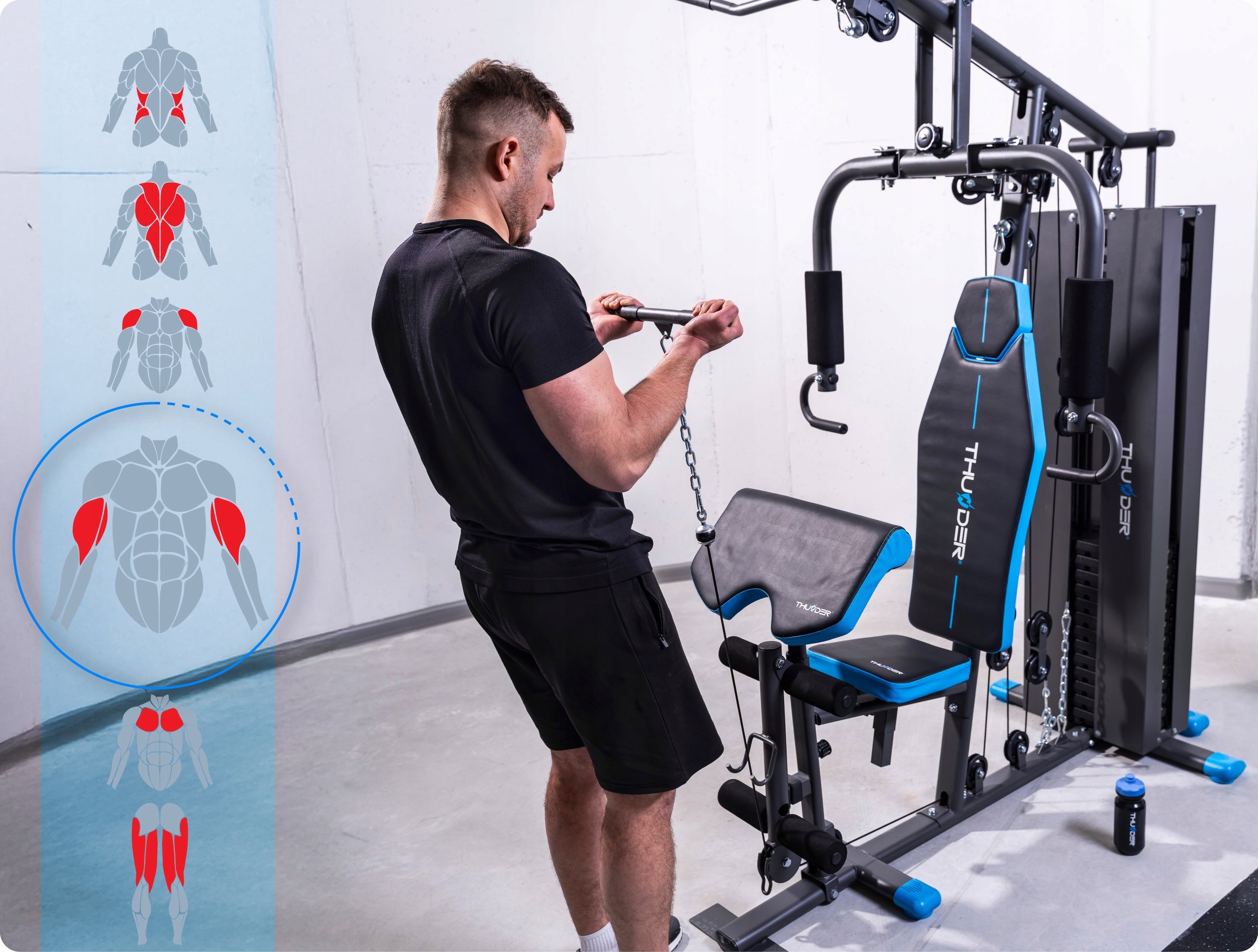 Atlas Multifunctional Home Exercise Leg Press Pull Prayer Book Stack Functions preacher curl bench butterfly/chest fly station lower pulley upper pulley