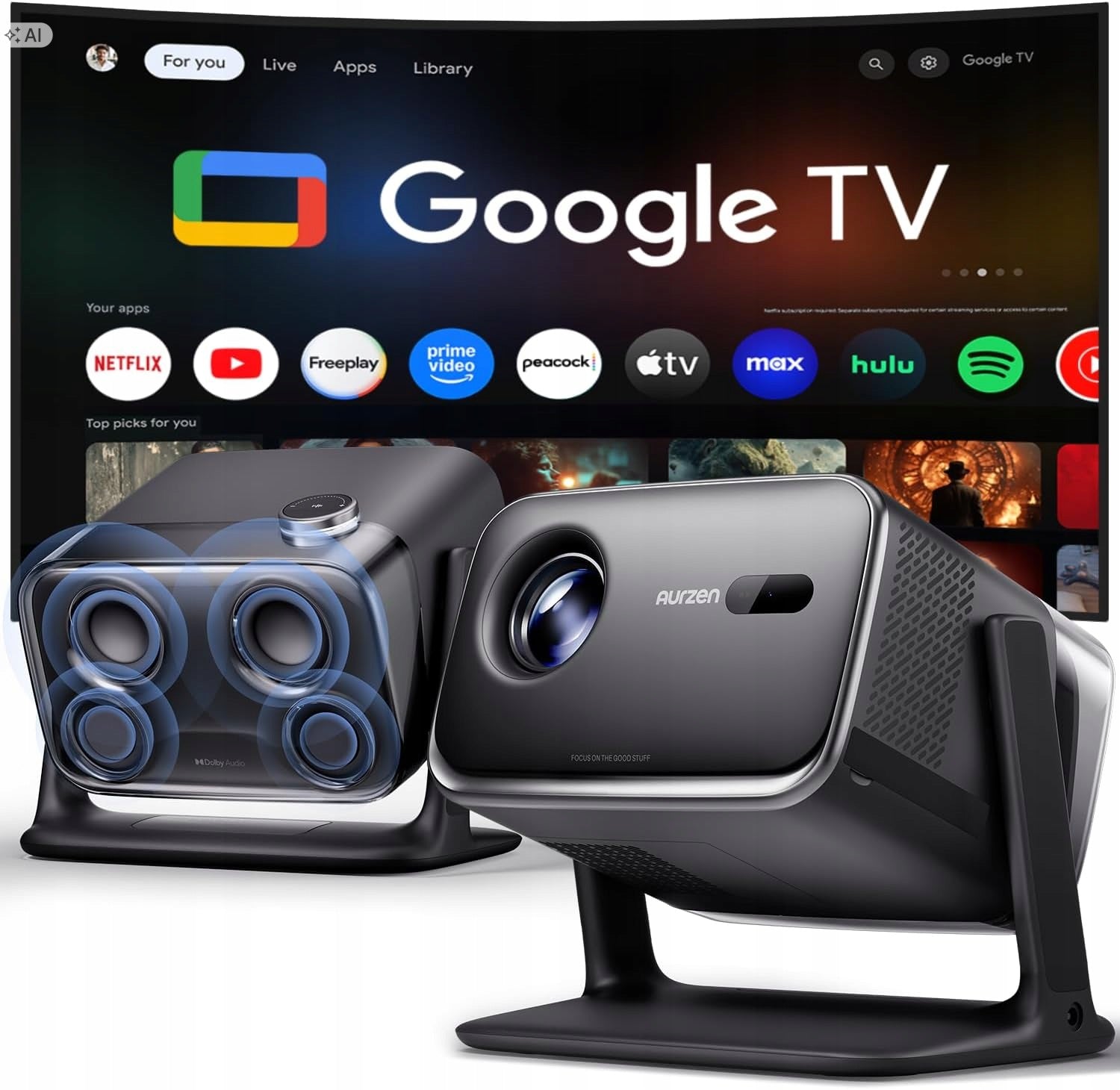 Aurzen Boom Mini 4K Google TV 500 ANSI 20W Dolby Atmos Projector