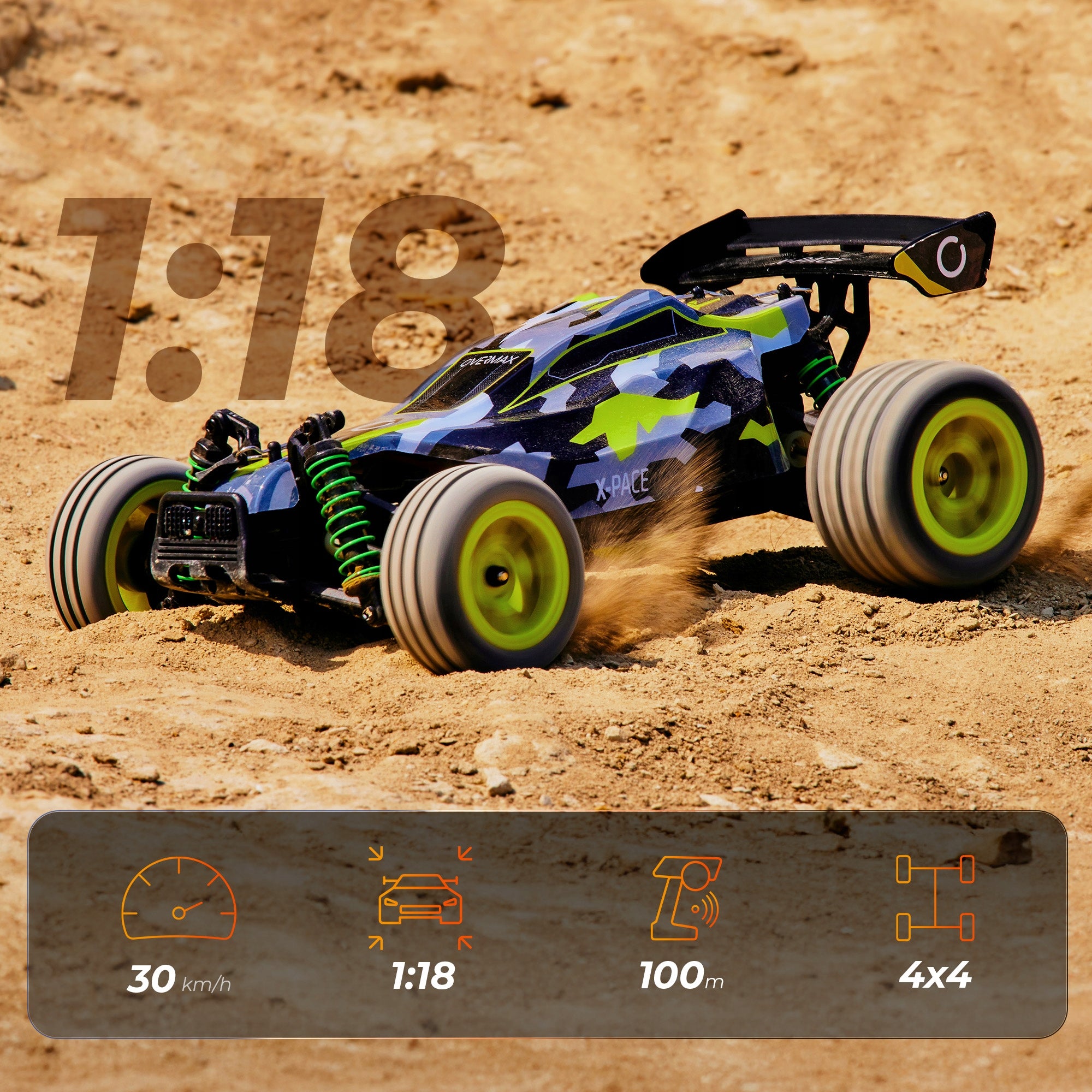 Auto Remote Controlled RC 1:18 LARGE OFF-ROAD 4x4 30 min 2 BATTERIES 850mAh Brand Overmax