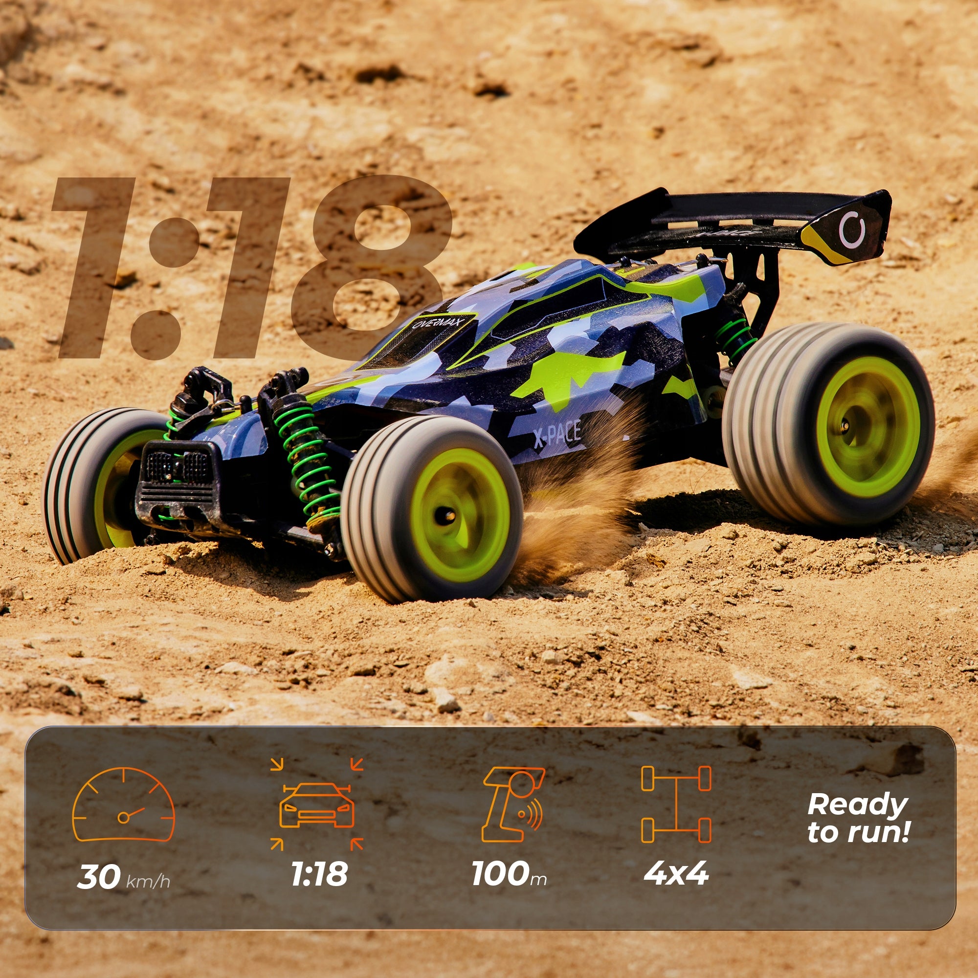 Auto Remote Controlled RC 1:18 LARGE OFF-ROAD 4x4 30 min 2 BATTERIES 850mAh Manufacturer code OV-X-PACE