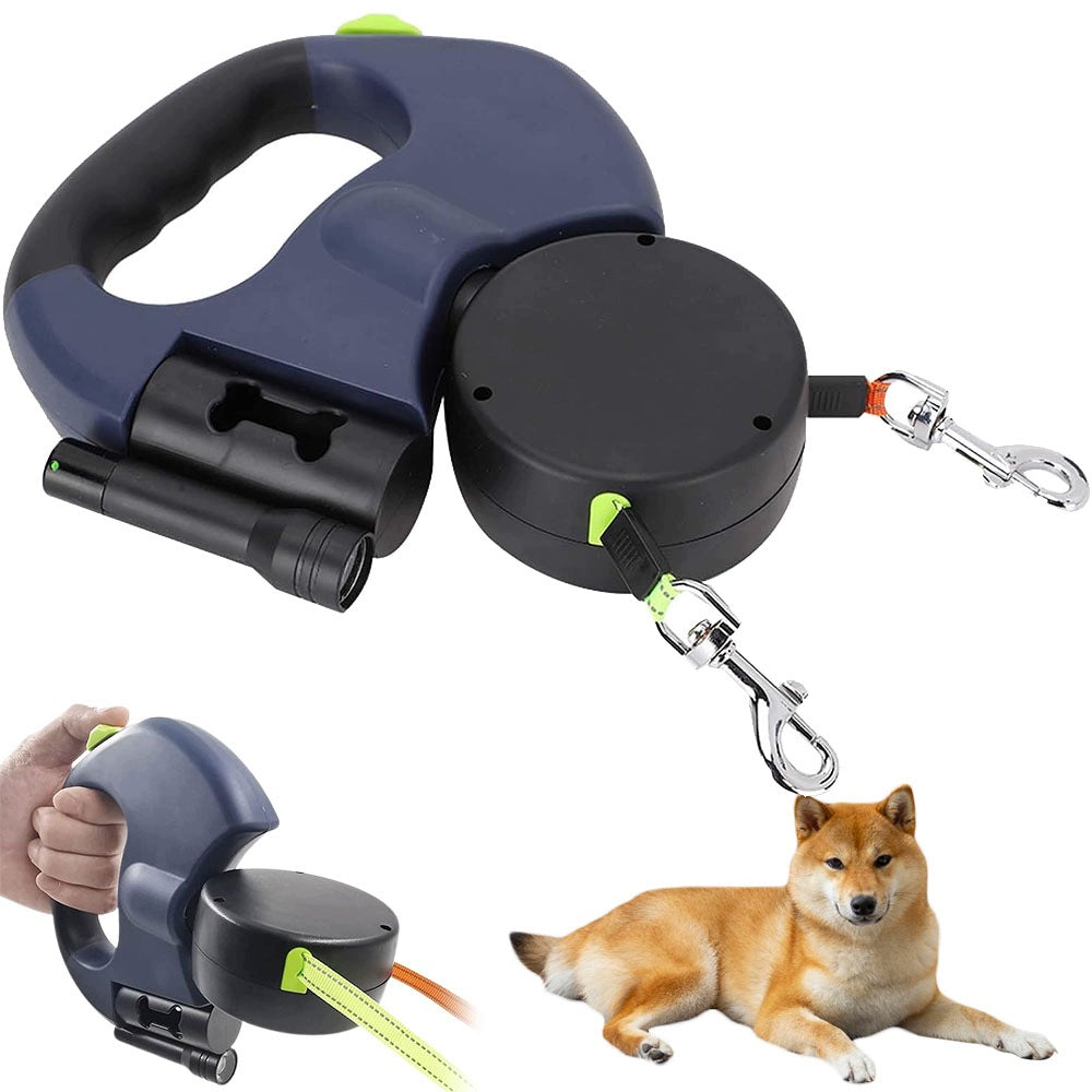 Automatic Double Lanyard for Dogs with LED Flashlight Bag Container