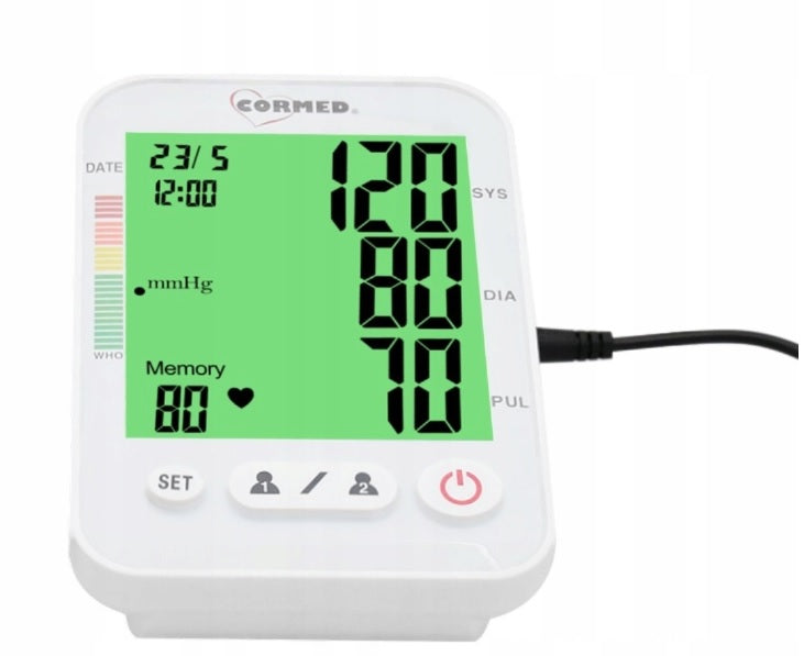 Automatic blood pressure monitor with arrhythmia LARGE READABLE display Cormed case Medical device yes
