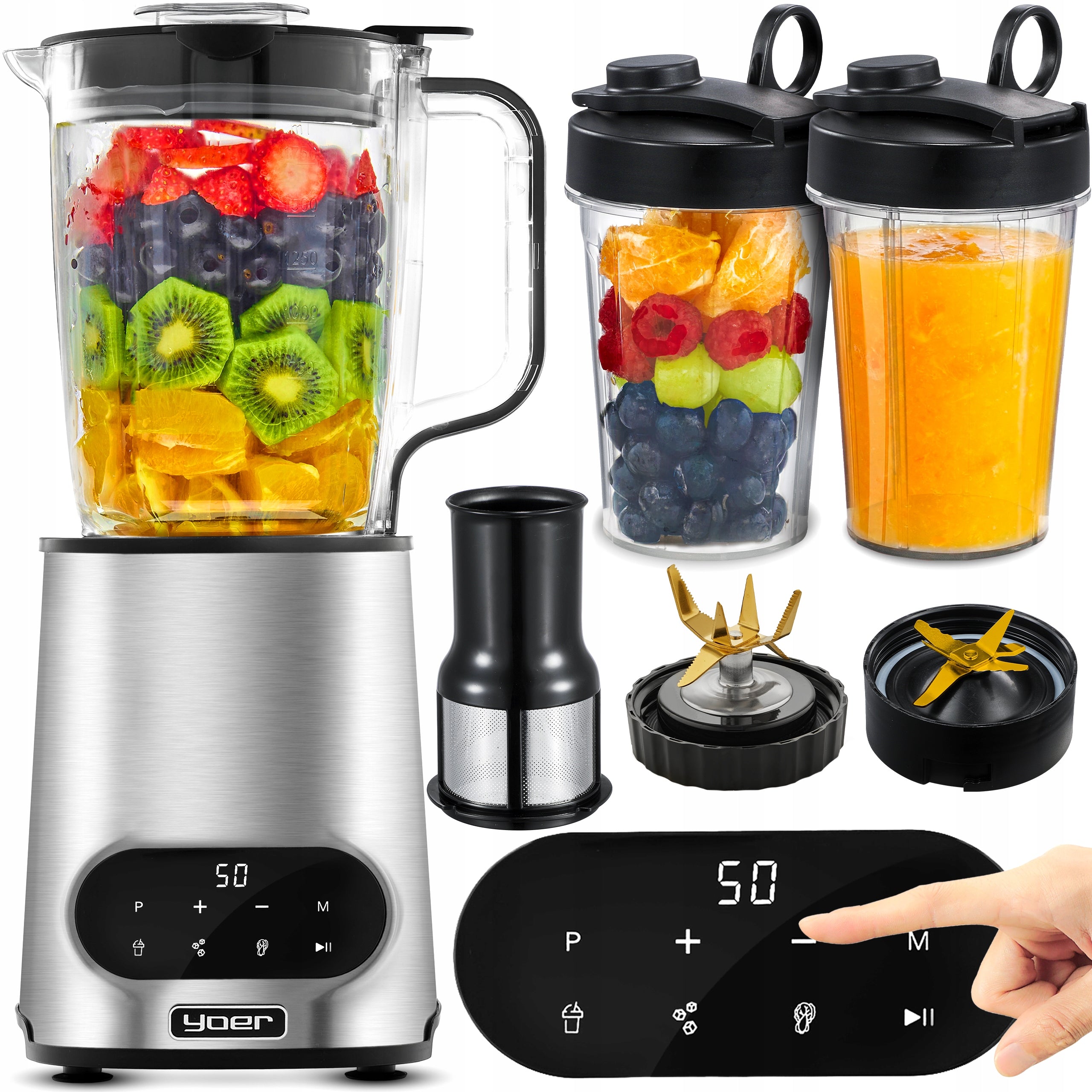 Automatic cup blender Yoer 2,4L 2200W Tritan INOX +Sito +2 Bottles