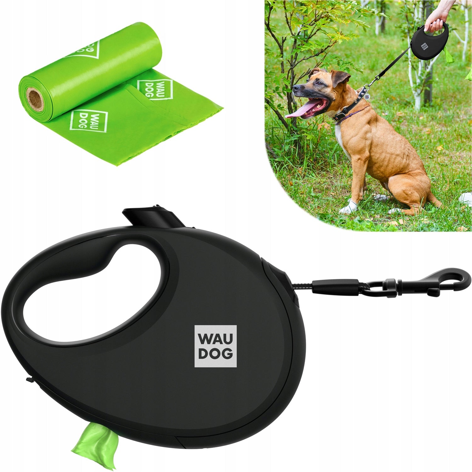Automatic dog leash with bag container black, r. M, up to 20 kg