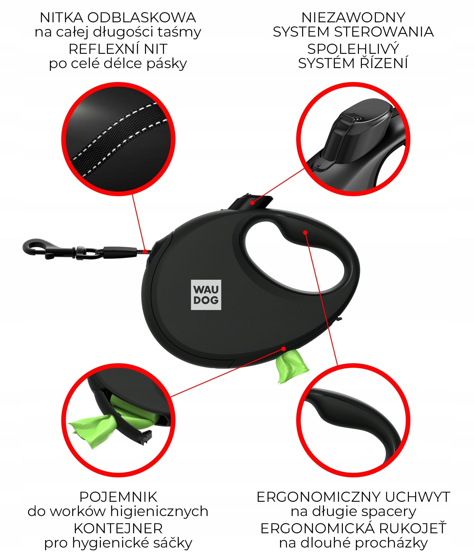Automatic dog leash with reflective bag container, M, up to 20 kg Brand Waudog