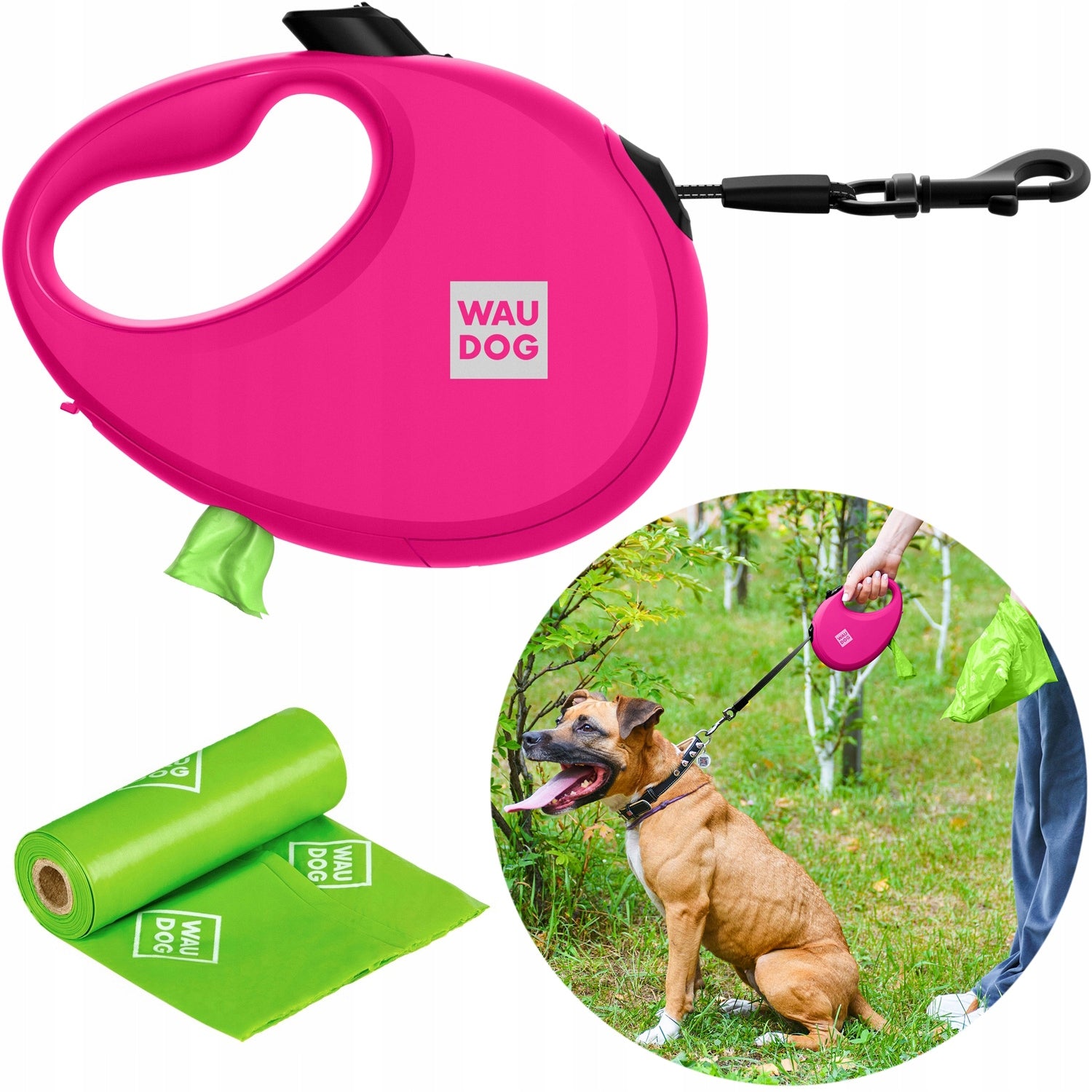 Automatic dog leash with reflective bag container, M, up to 20 kg