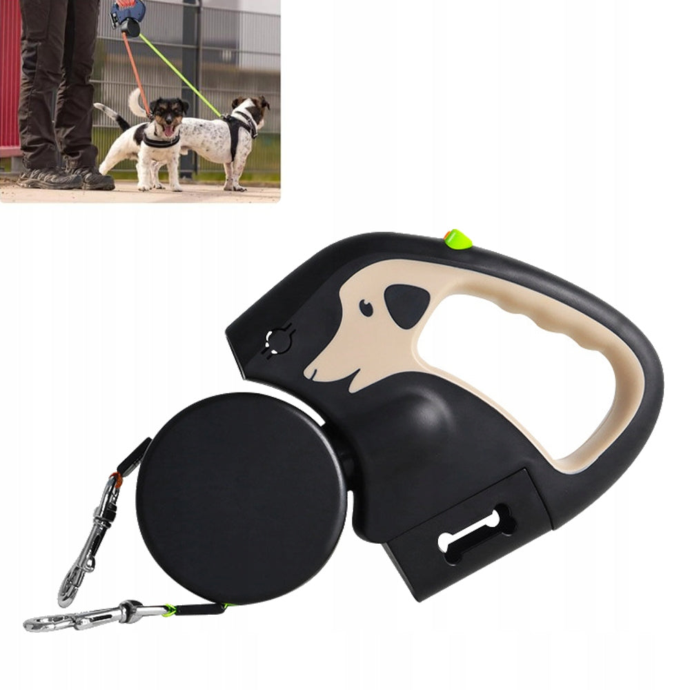 Automatic leash for two dogs beige 3 m with lock and flashlight
