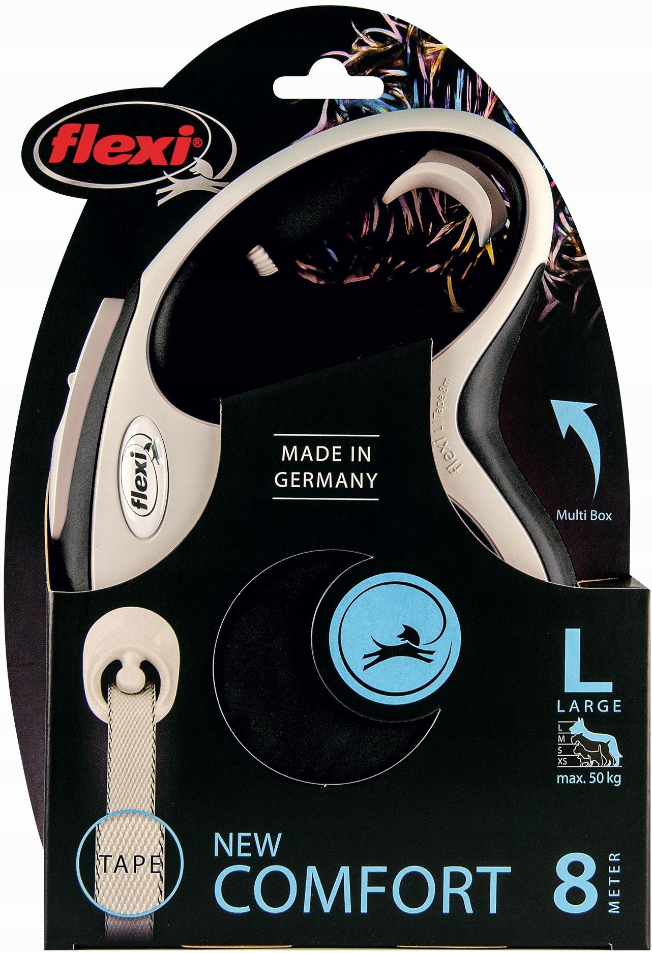 Automatic leash with lock for dog - Flexi New Comfort tape L 8m black Packaging status original