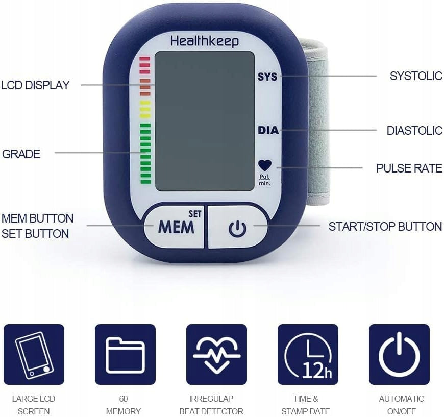 Automatic wrist blood pressure monitor Healthkeep arrhythmia pulse Batteries included yes