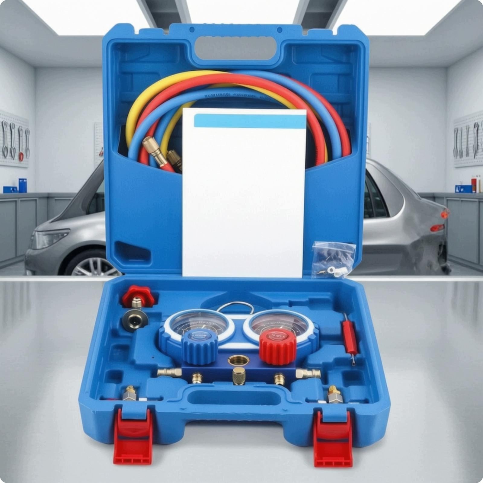Automotive Refrigerant Gauge Twin Manifold Kit Brass Fittings and Hoses for