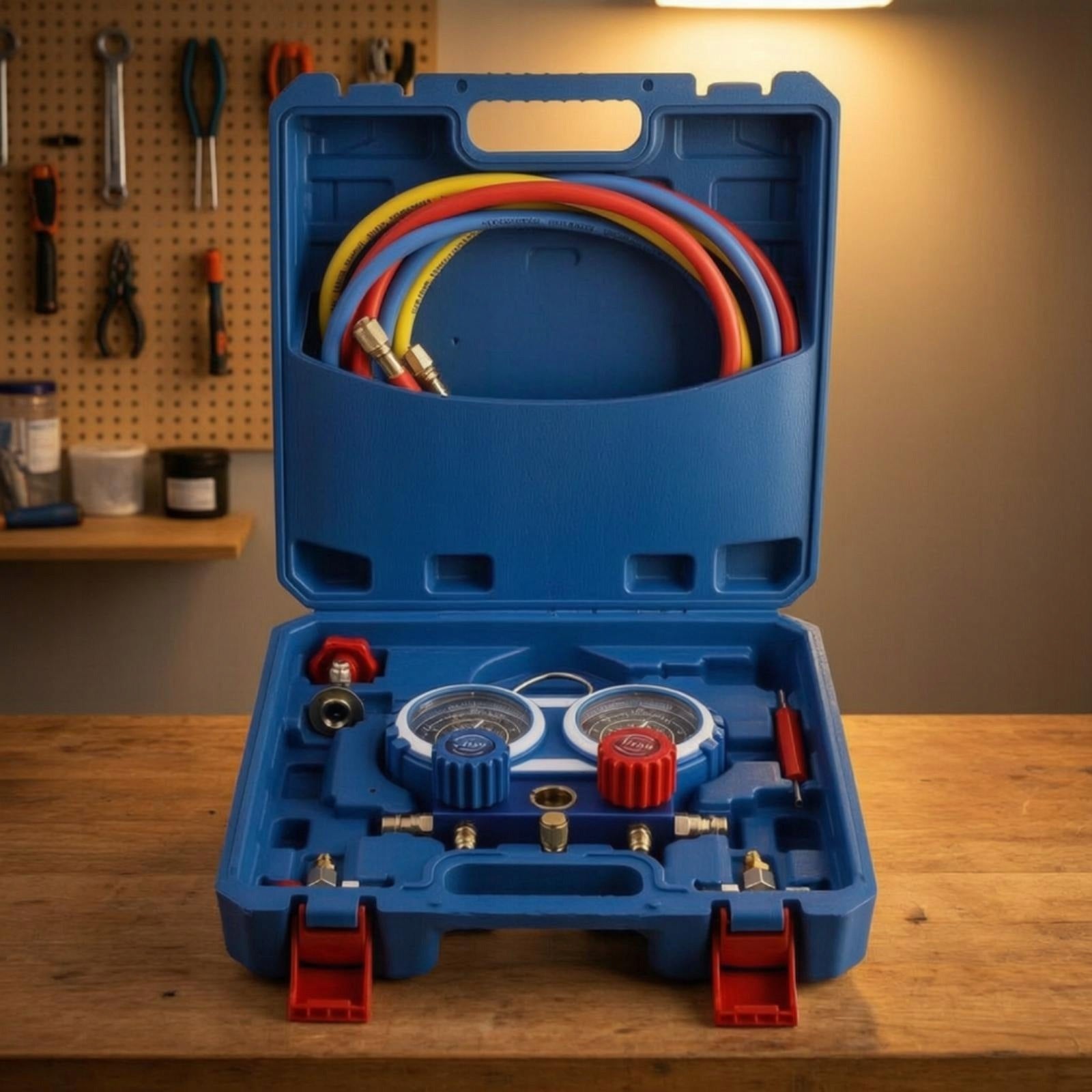 Automotive Refrigerant Gauge Twin Pressure Manifold Kit Color Coded Hoses Brand no brand