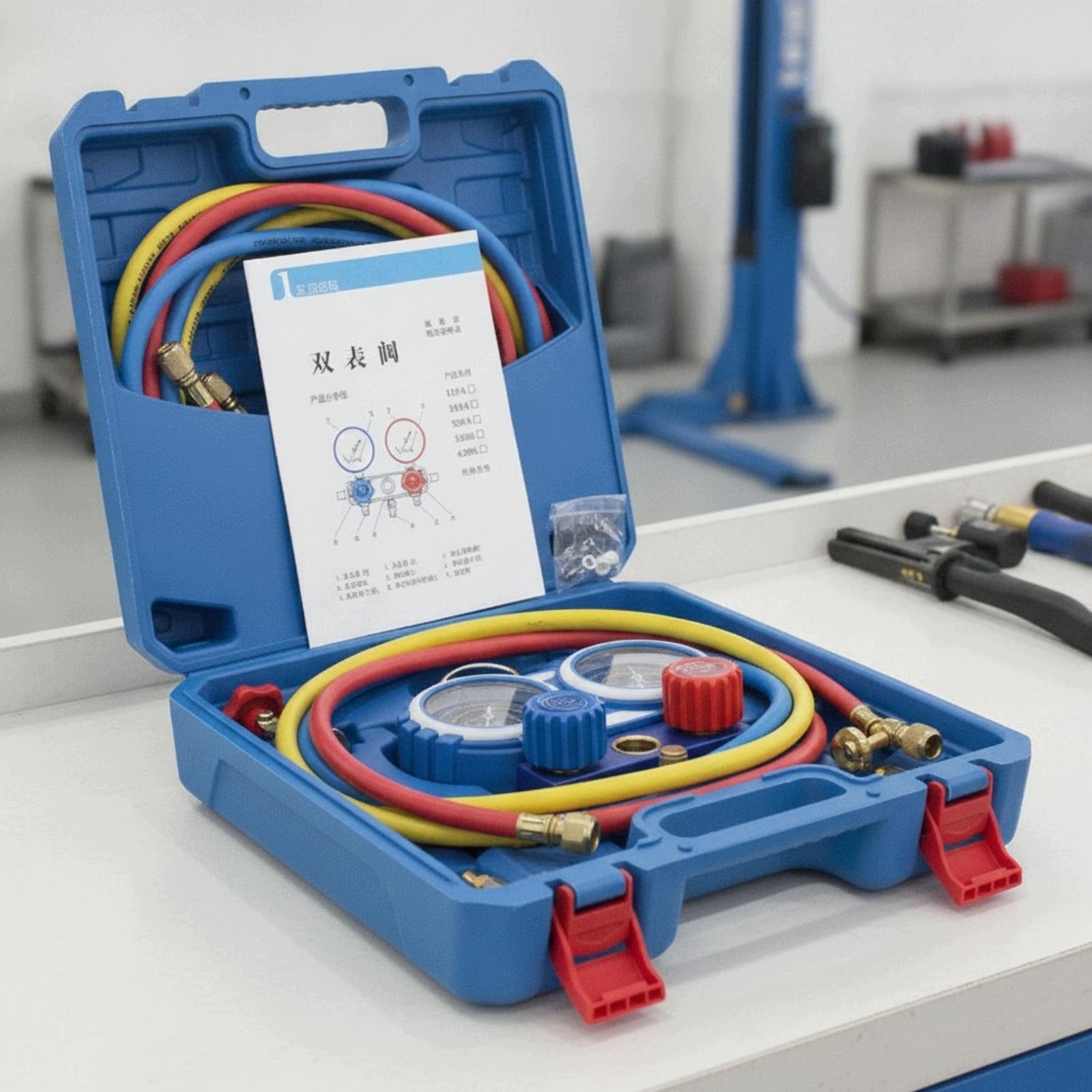 Automotive Refrigerant Gauge Twin Pressure Manifold Kit Color Coded Hoses Packaging status original
