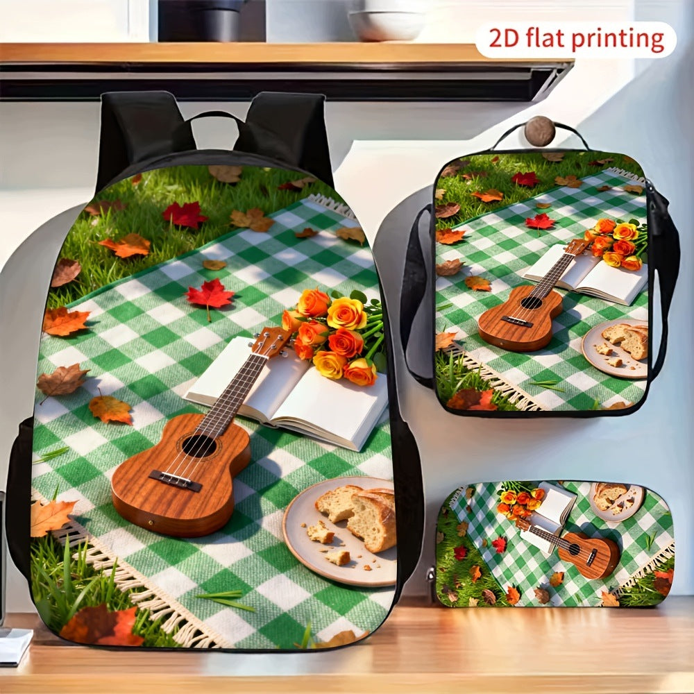 Autumn Leisure Ukulele Pattern Backpack Set with Crossbody Bag and Pencil Pouch