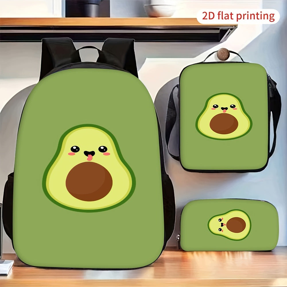 Avocado Pattern Backpack Set with Crossbody Bag and Pencil Case