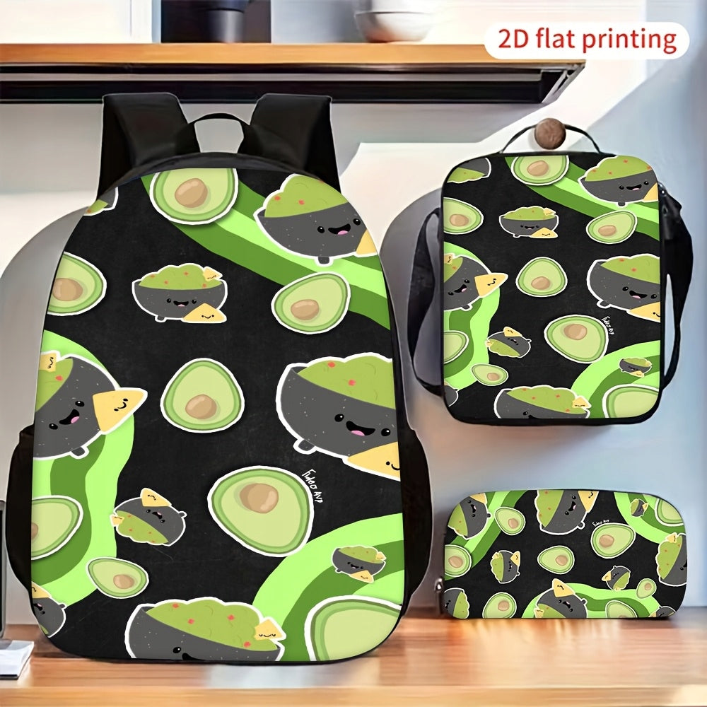 Avocado Print 3-Piece Backpack Set: Includes Backpack, Lunch Bag, and Pencil Case. Features Adjustable Straps.