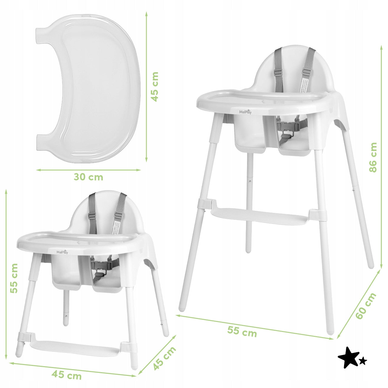 BABY FEEDING CHAIR 2in1 ADJUSTABLE FOOTREST TRAY STRAPS 30kg Packaging status original