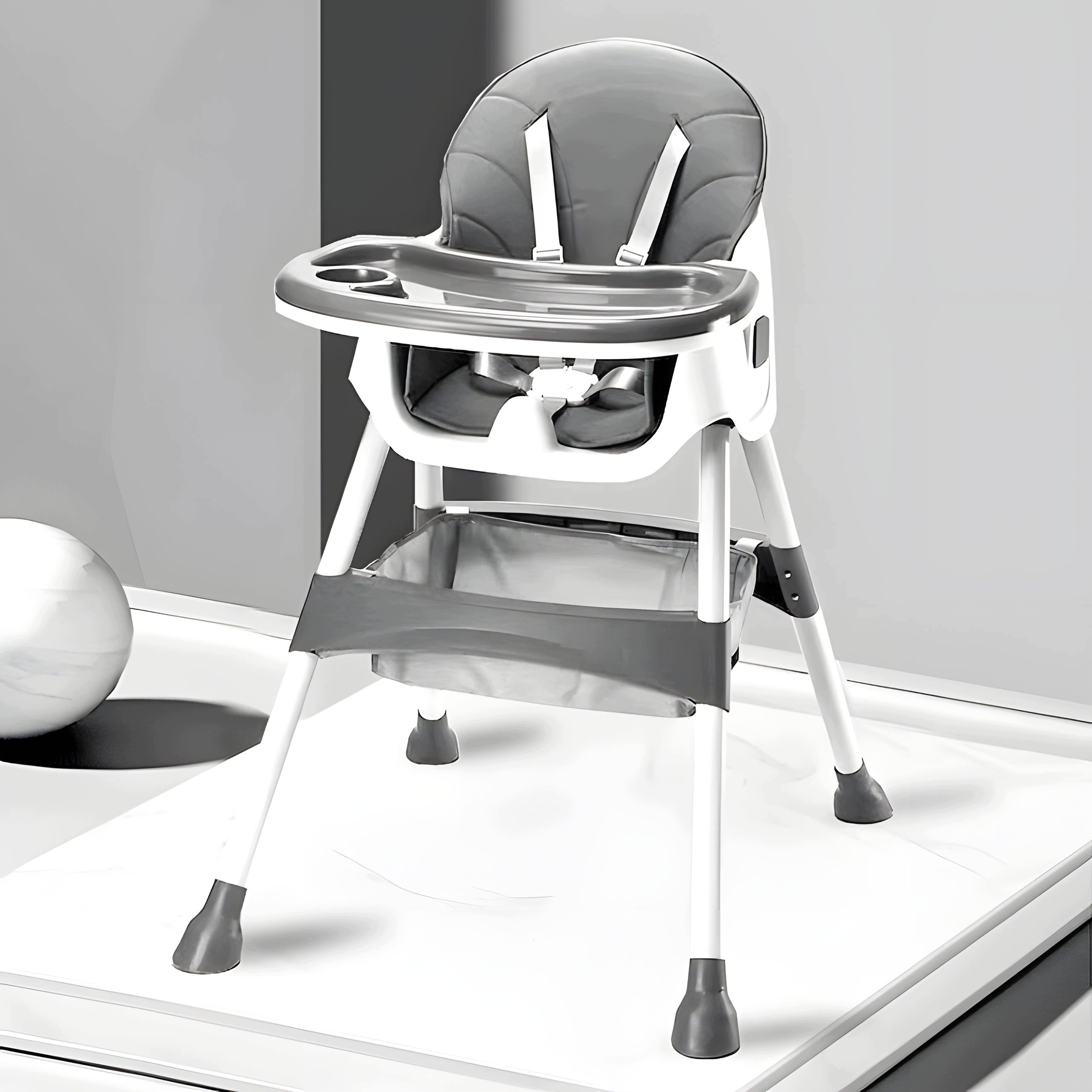 BABY HIGH CHAIR FEEDING SEAT 5-POINT STRAPS TRAY BASKET GREY Packaging status original