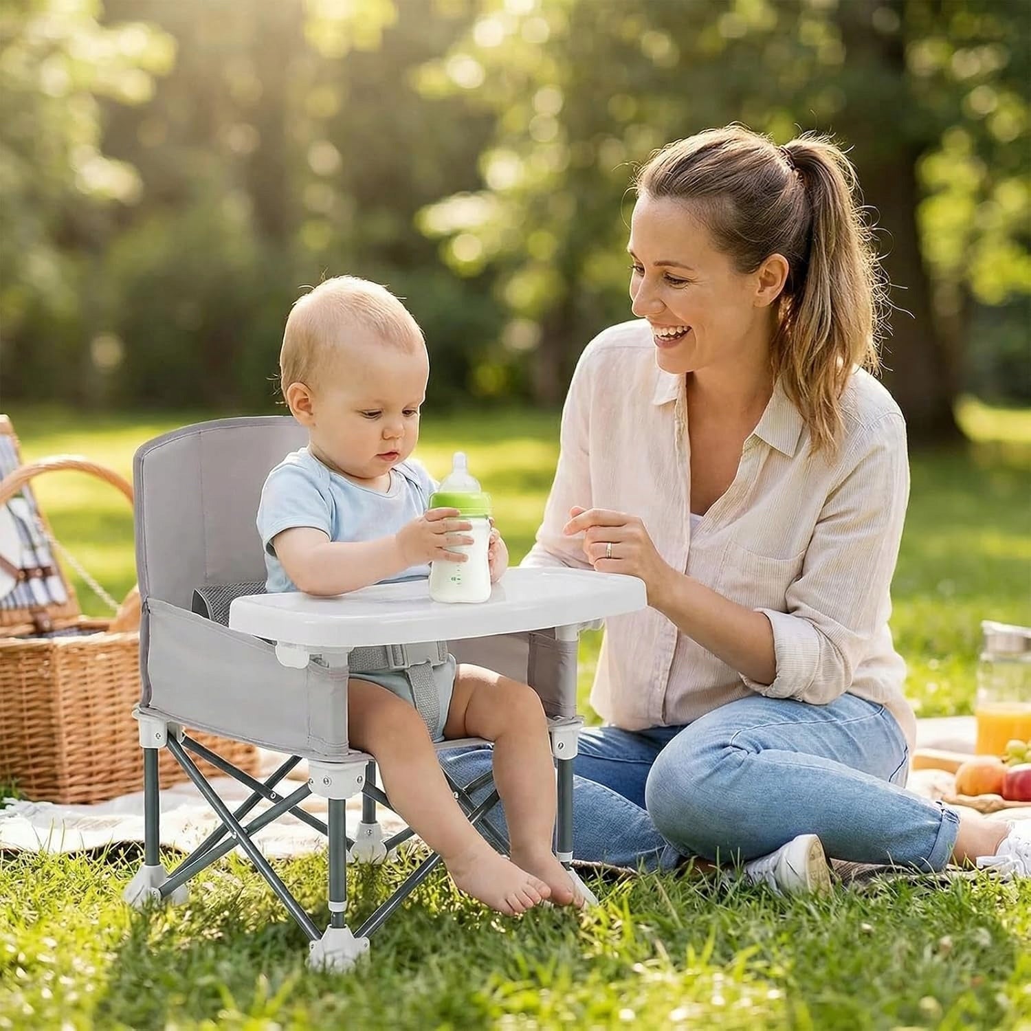 BABY HIGHCHAIR FOLDING TRAY INFANT SEAT FOLDING Color shades of gray and silver