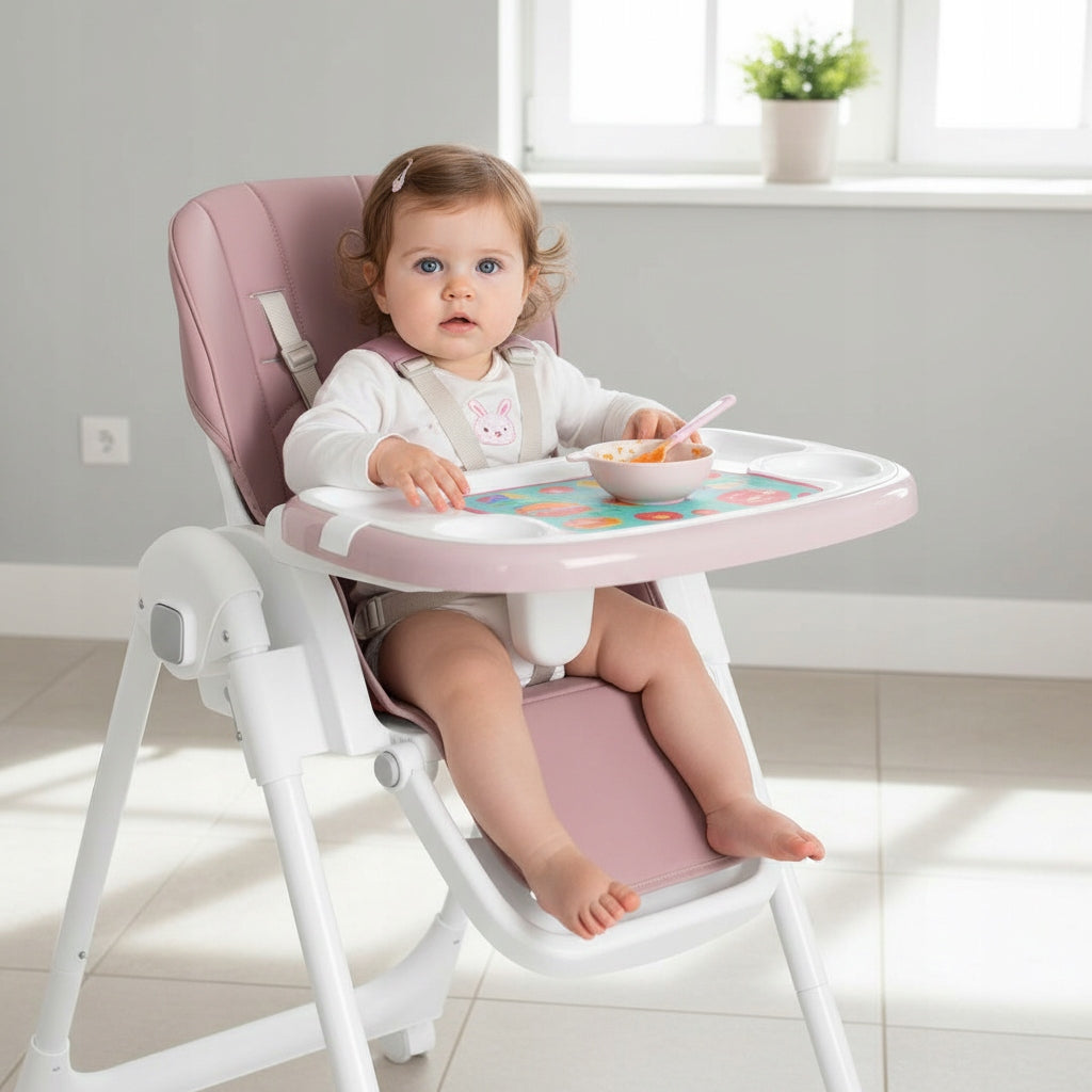 BABY HIGHCHAIR INFANT ADJUSTABLE FOLDING FAUX LEATHER STRAPS Packaging status original