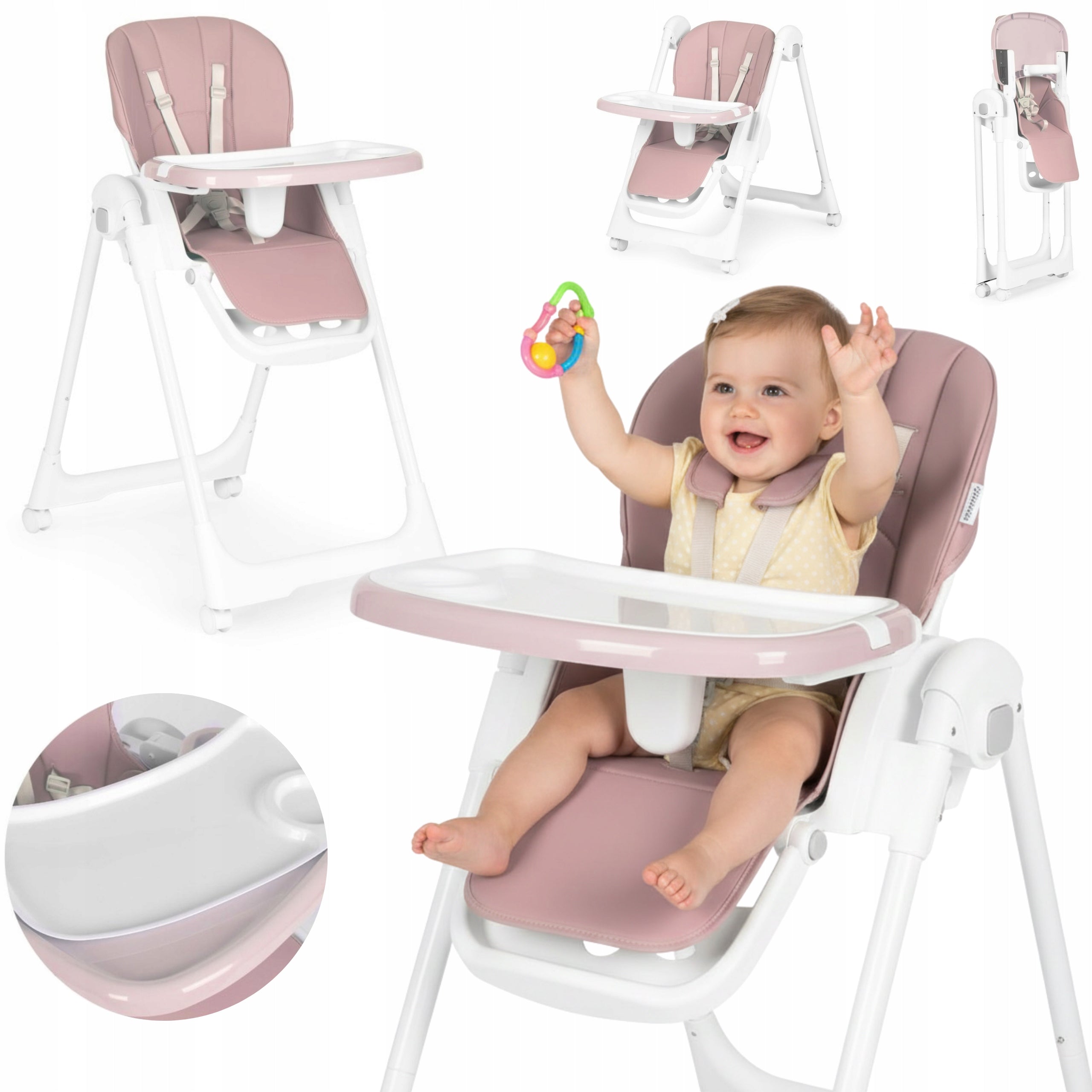 BABY HIGHCHAIR INFANT ADJUSTABLE FOLDING FAUX LEATHER STRAPS